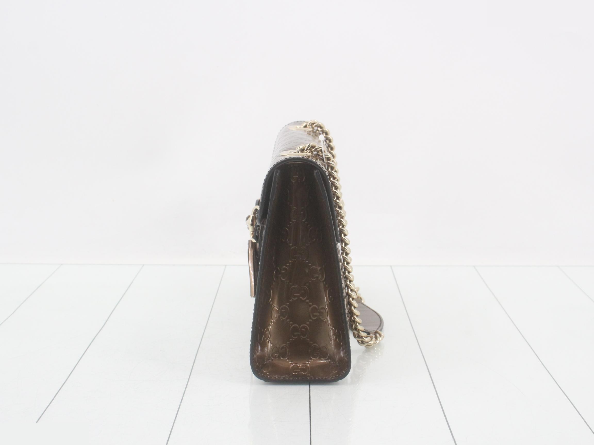 Horsebit Shoulder Bag, Patent Leather, Brown — view 3