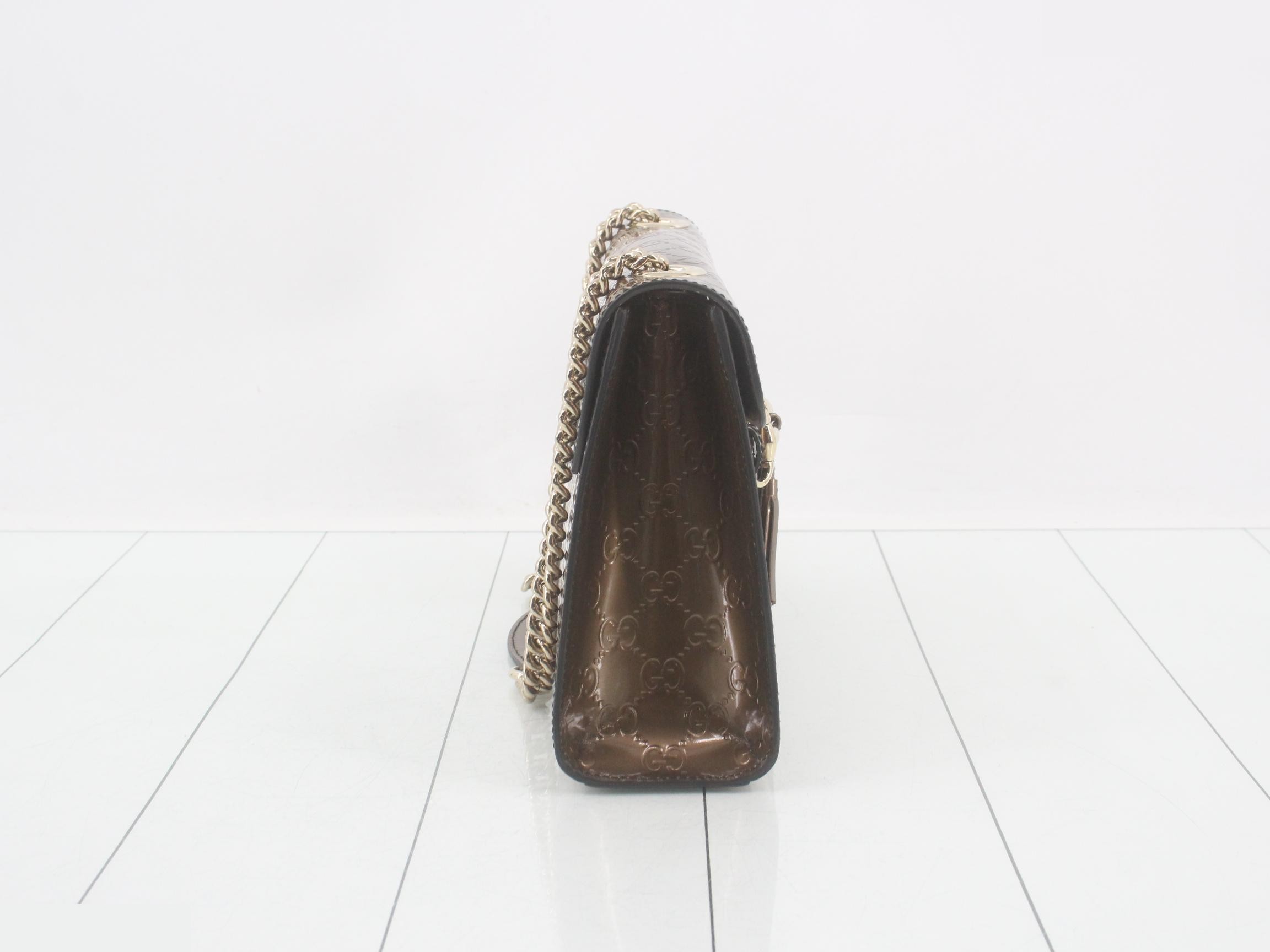 Horsebit Shoulder Bag, Patent Leather, Brown — view 4