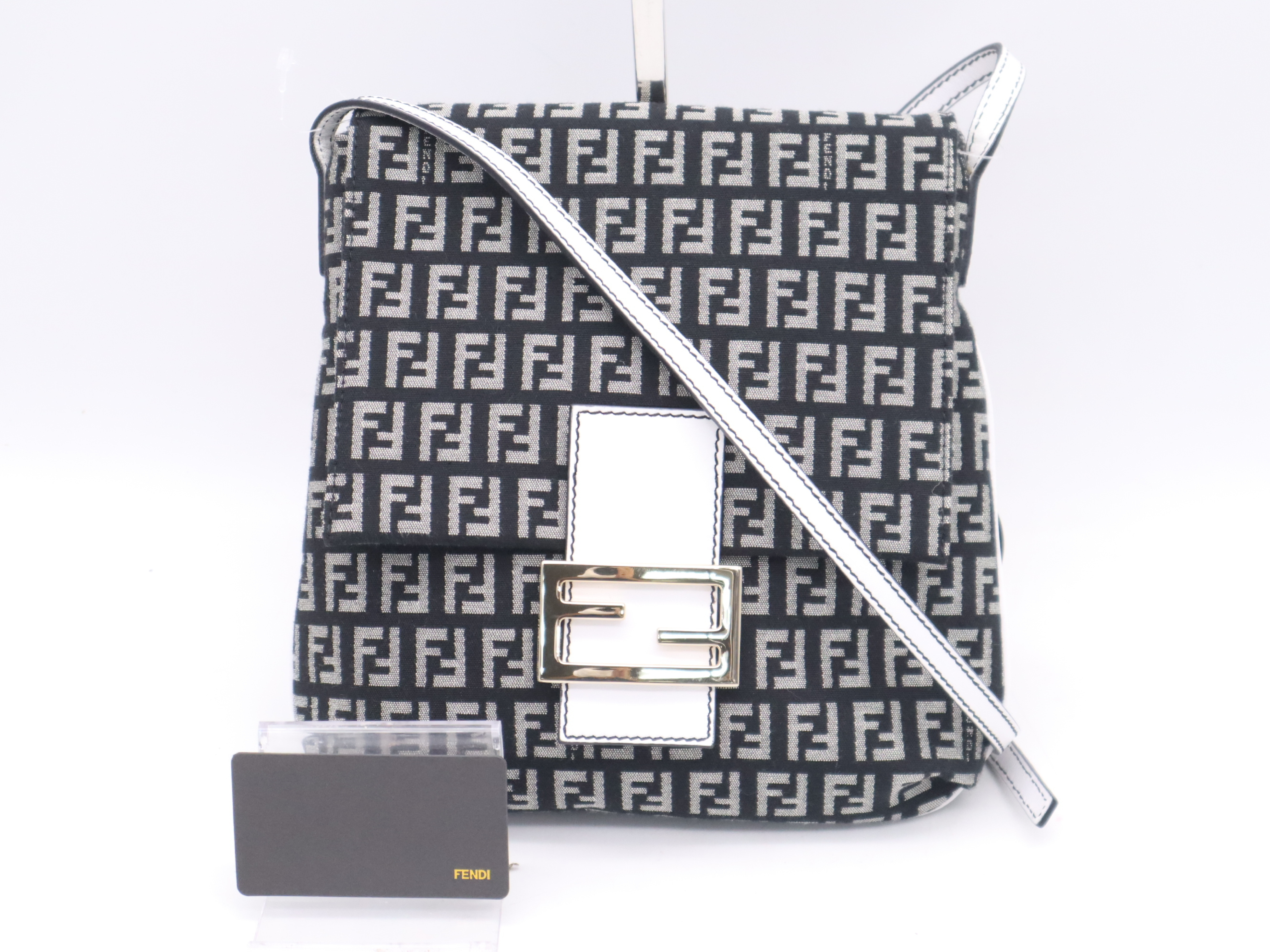8BT075 Canvas Zucchino Black White Silver Hardware Card Included Shoulder Bag