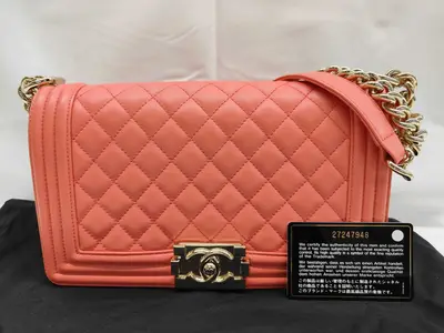Boy Chanel 25 Chain Shoulder Bag, Coral Orange Lambskin, Gold Hardware, A67086 (Shoulder Bag)