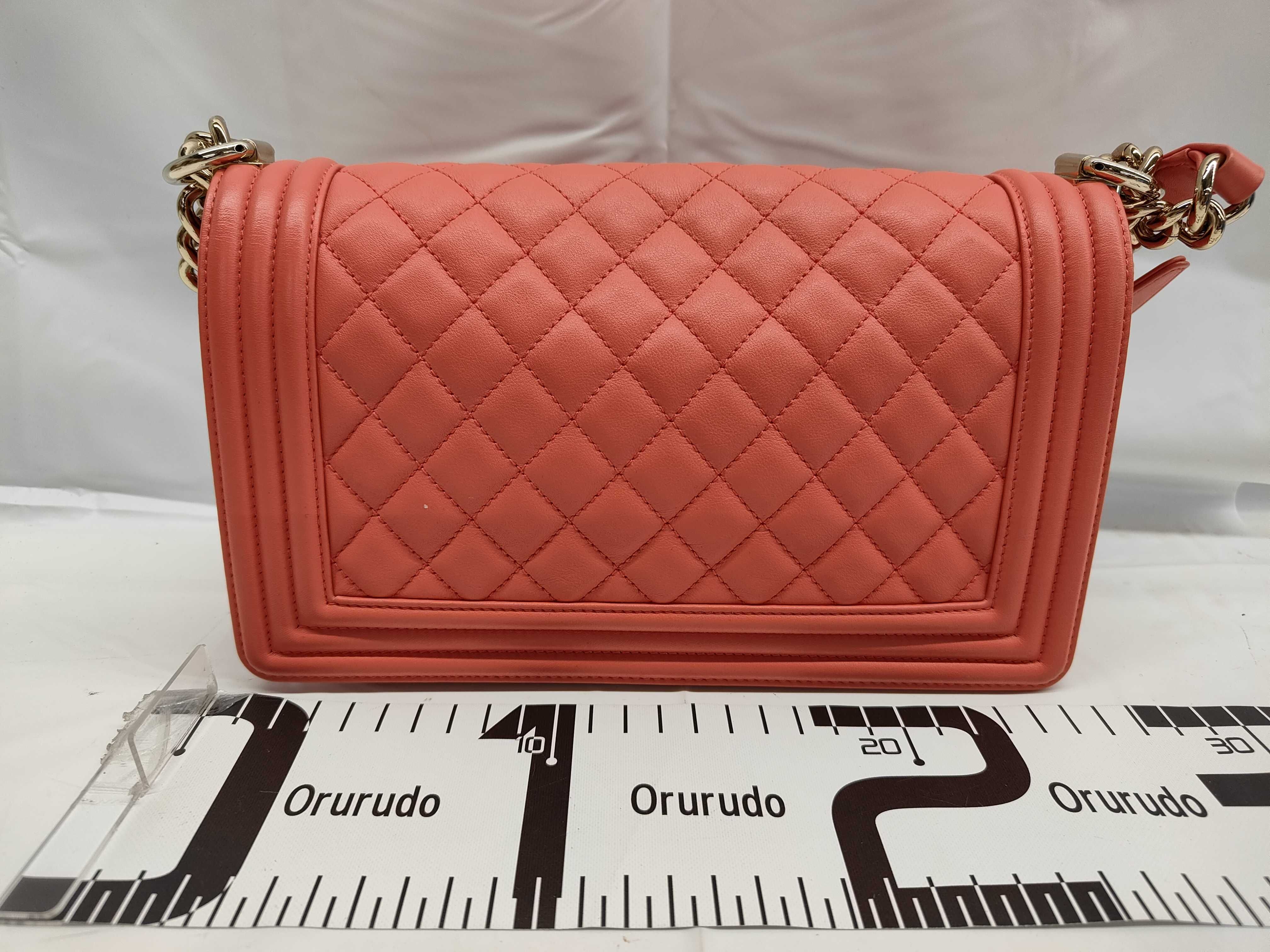 Boy Chanel 25 Chain Shoulder Bag, Coral Orange Lambskin, Gold Hardware, A67086 (Shoulder Bag) — view 2