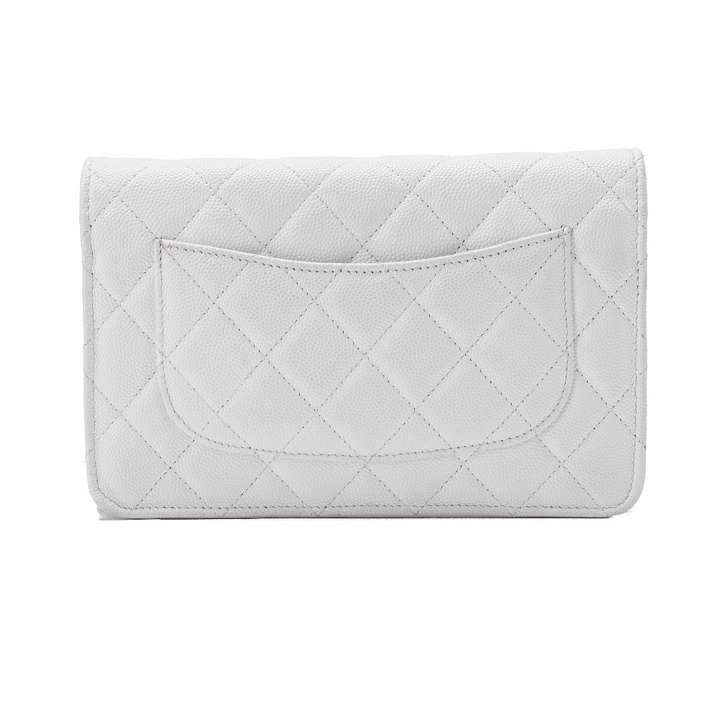 Caviar leather matelassé chain wallet, white, gold hardware. — view 2