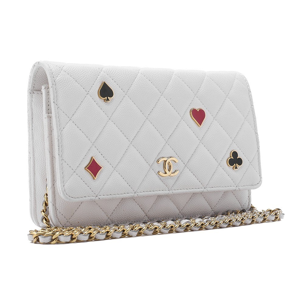 Caviar leather matelassé chain wallet, white, gold hardware. — view 3