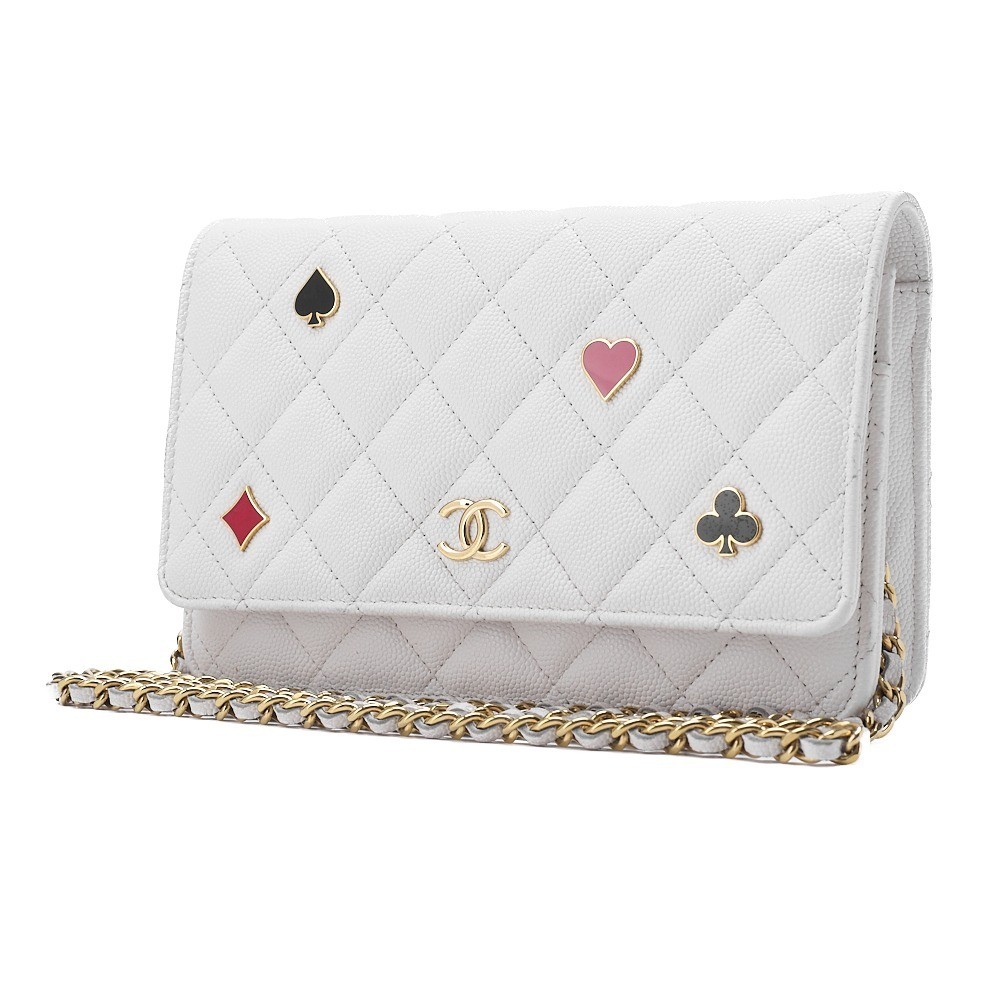 Caviar leather matelassé chain wallet, white, gold hardware. — view 4
