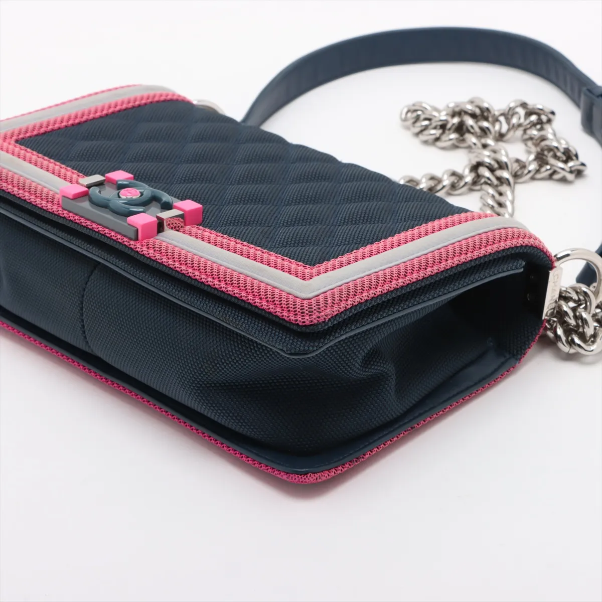Boy Chanel 25 Nylon x Leather Chain Shoulder Bag Navy x Pink Silver Hardware 22323970 22nd Series A67086 — view 3