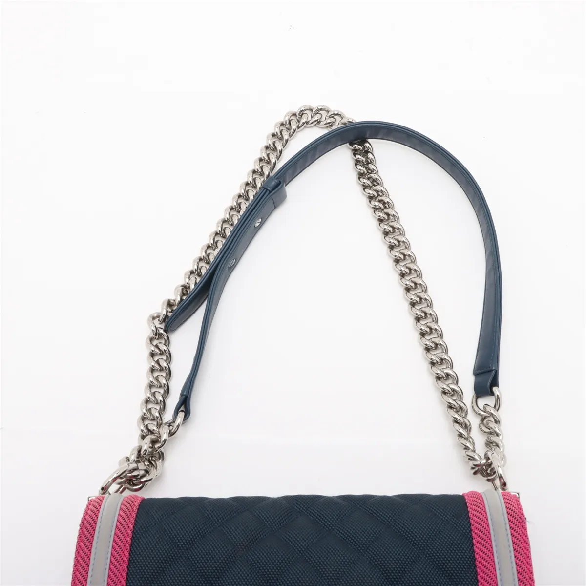 Boy Chanel 25 Nylon x Leather Chain Shoulder Bag Navy x Pink Silver Hardware 22323970 22nd Series A67086 — view 6