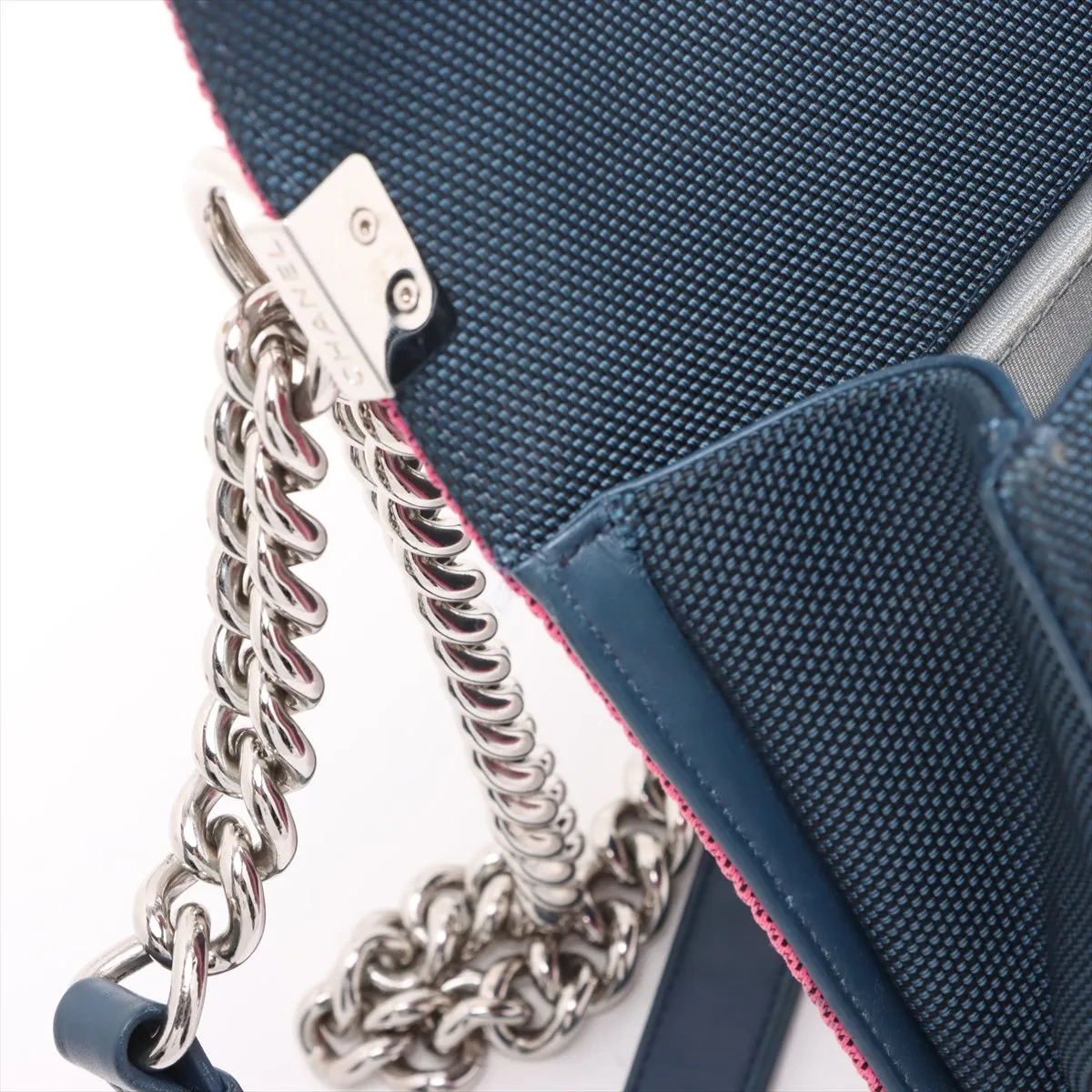 Boy Chanel 25 Nylon x Leather Chain Shoulder Bag Navy x Pink Silver Hardware 22323970 22nd Series A67086 — view 10