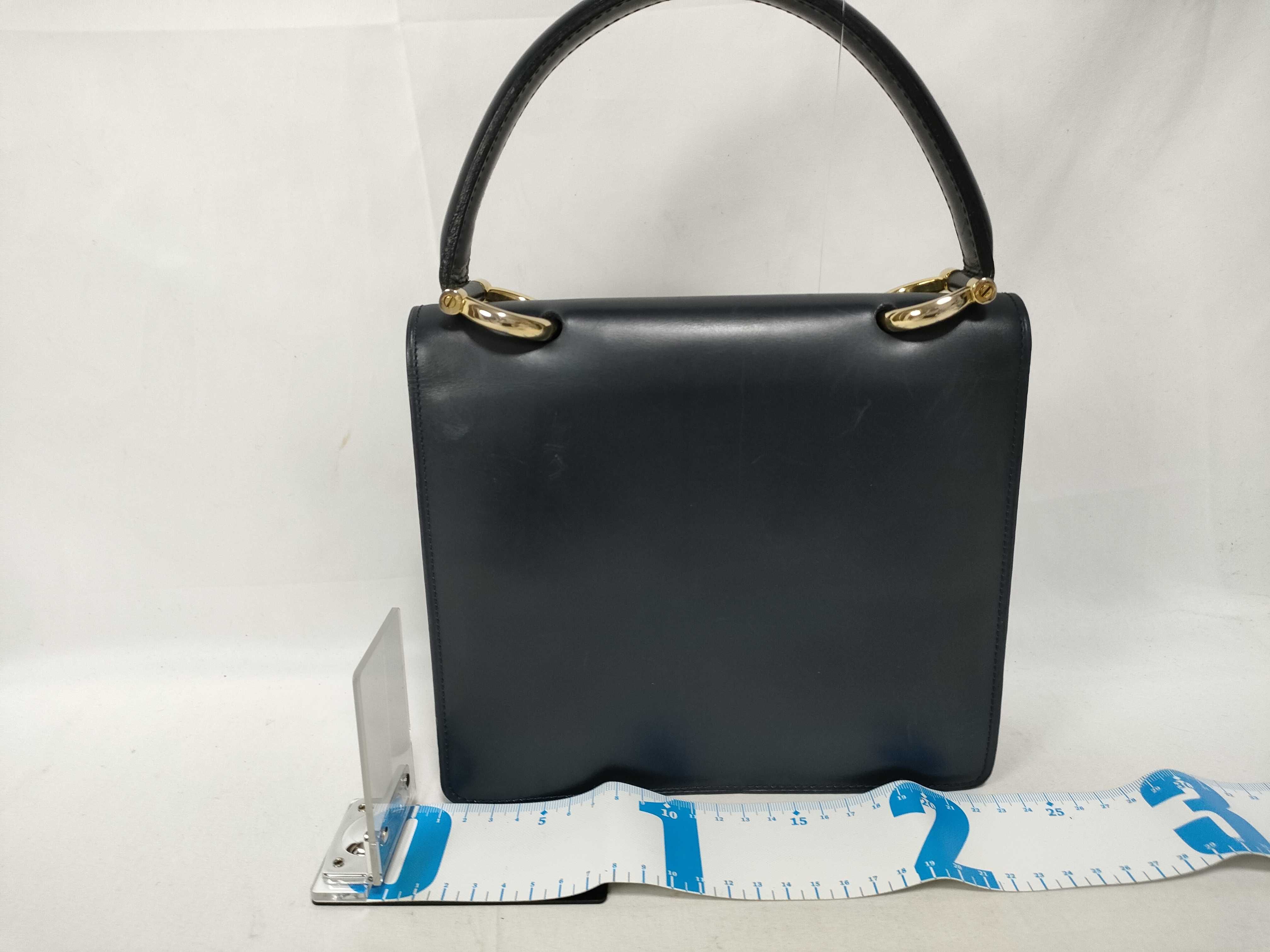 Gancini Double Flap Leather Handbag, Navy — view 2