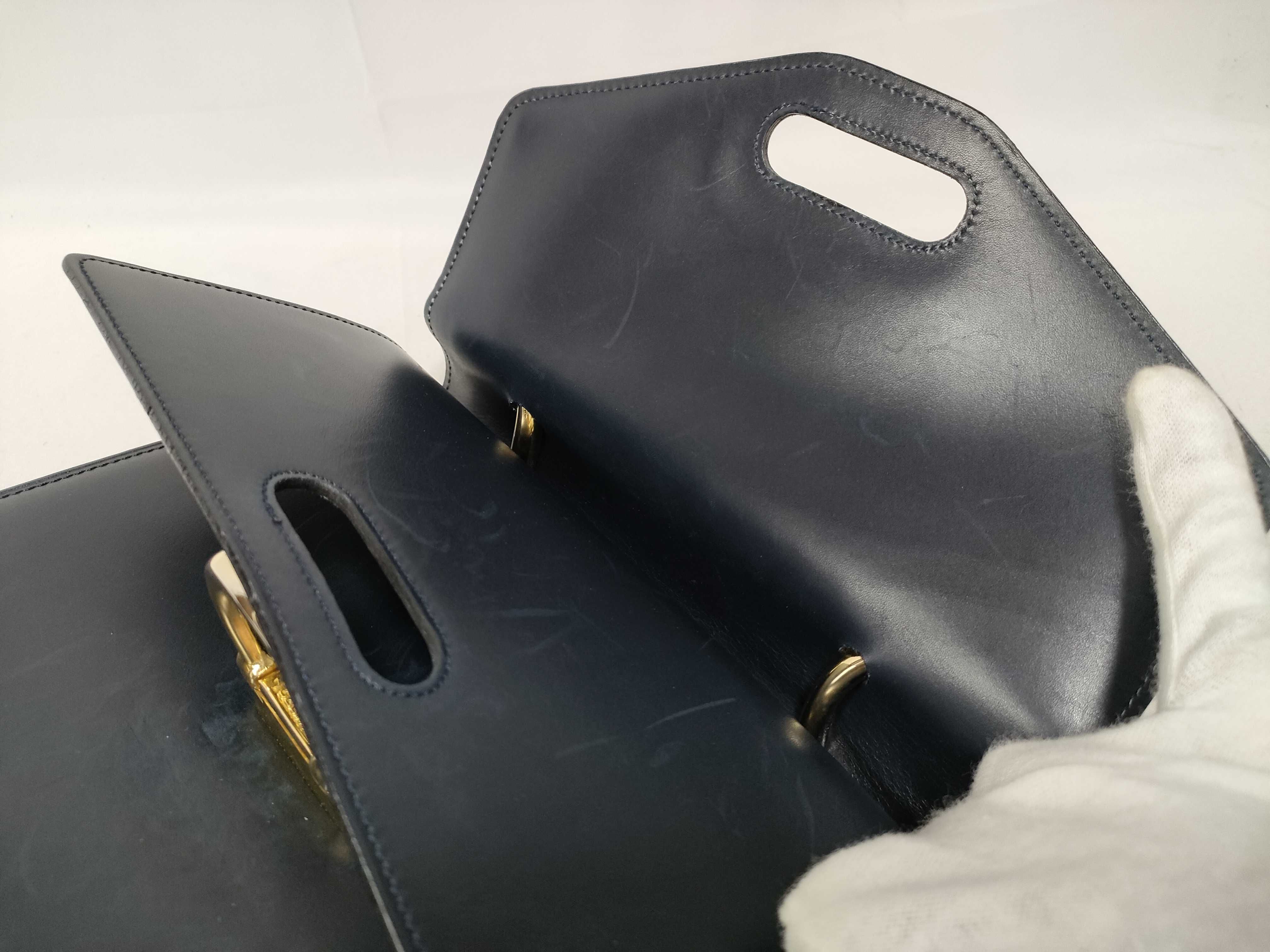 Gancini Double Flap Leather Handbag, Navy — view 11