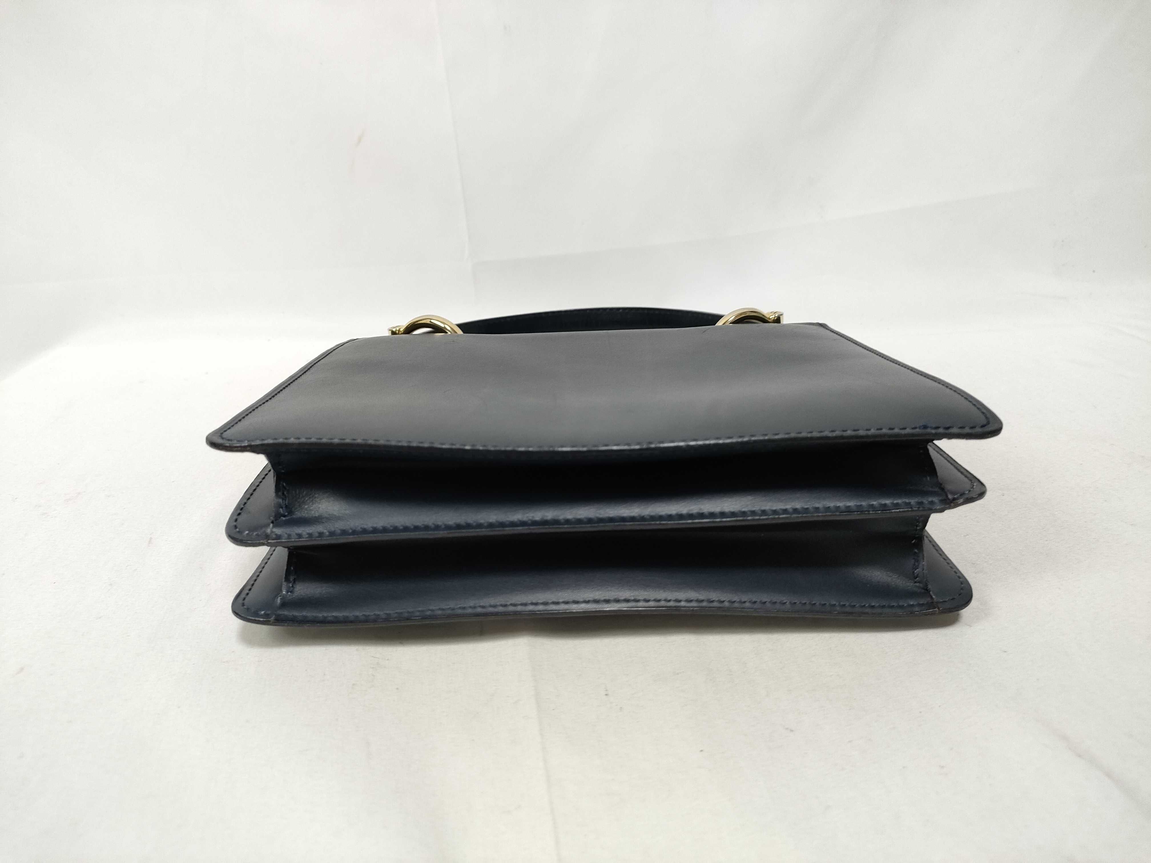 Gancini Double Flap Leather Handbag, Navy — view 3