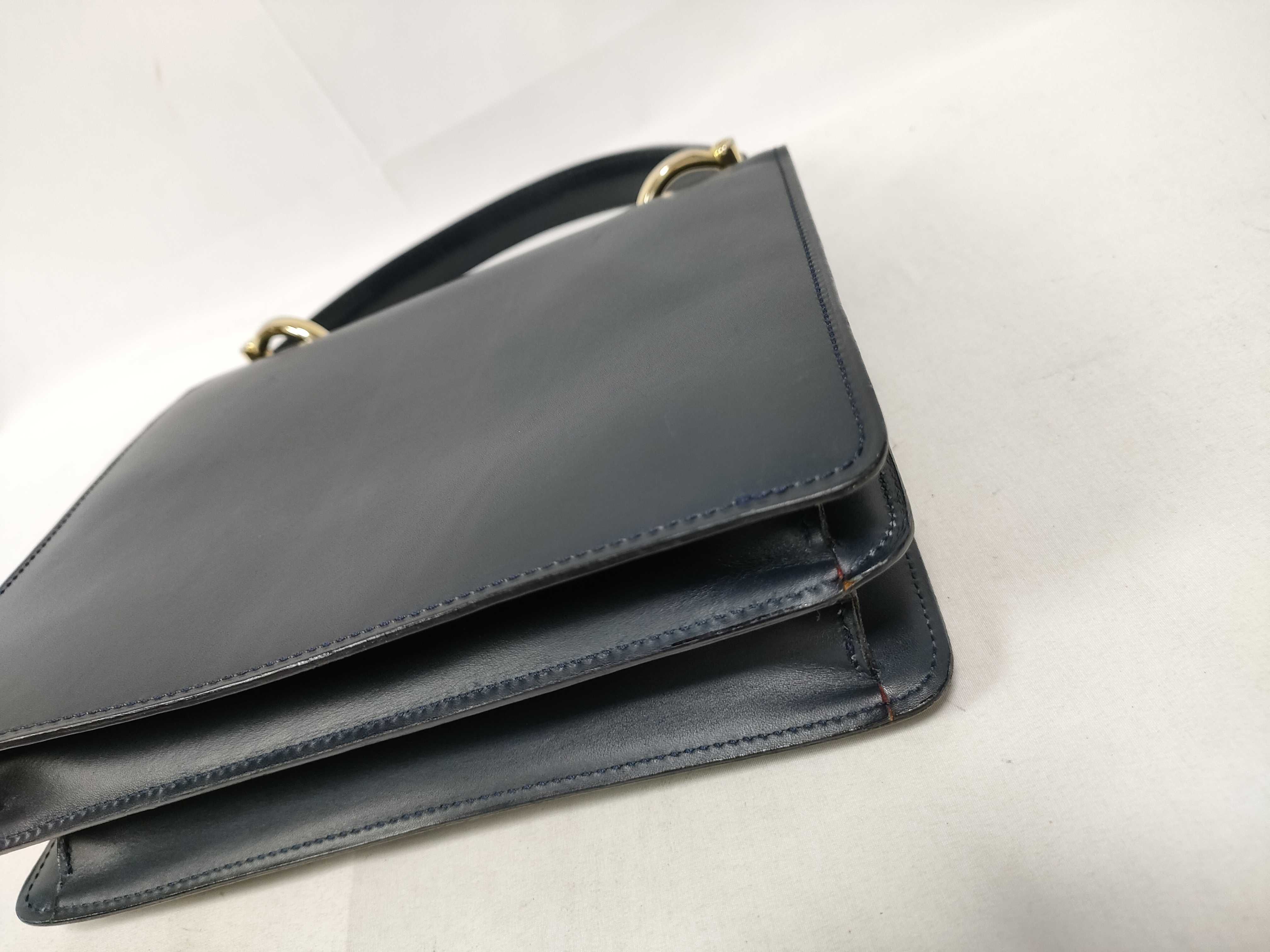 Gancini Double Flap Leather Handbag, Navy — view 4