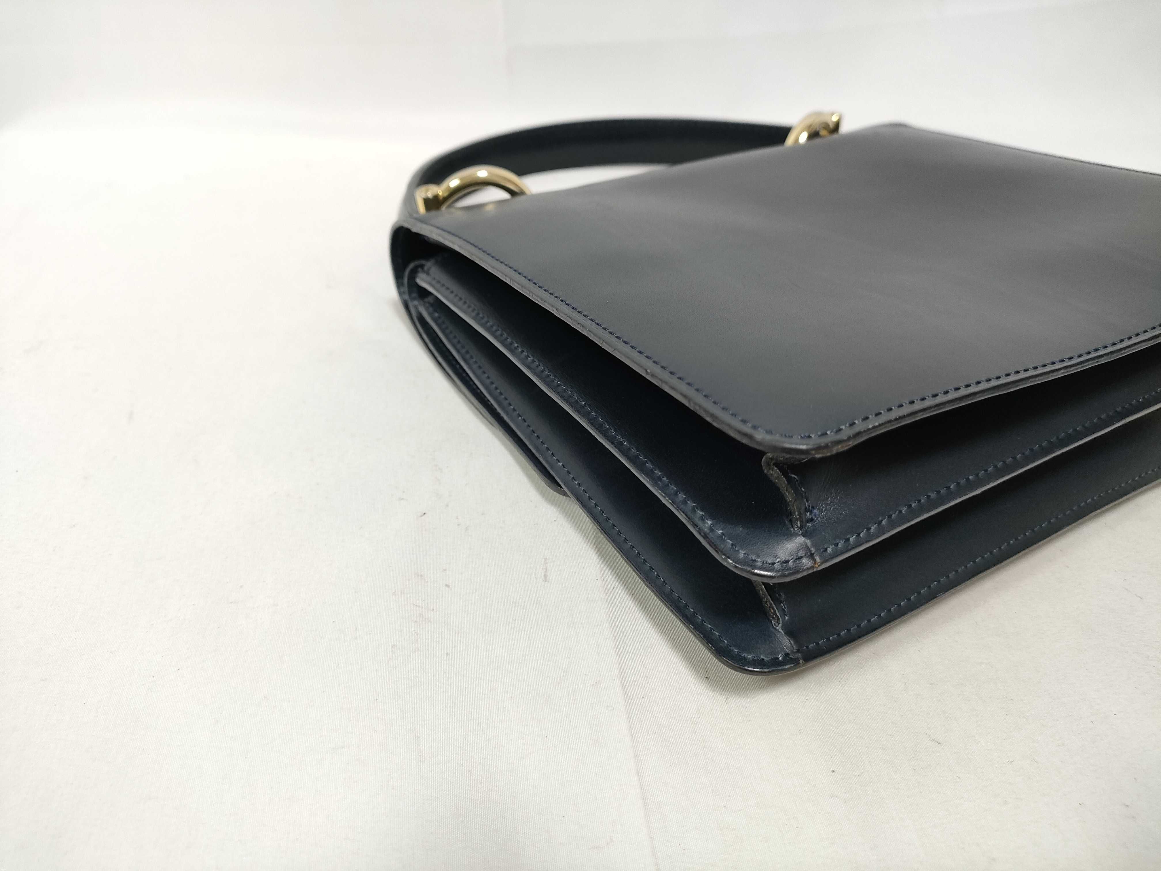 Gancini Double Flap Leather Handbag, Navy — view 5