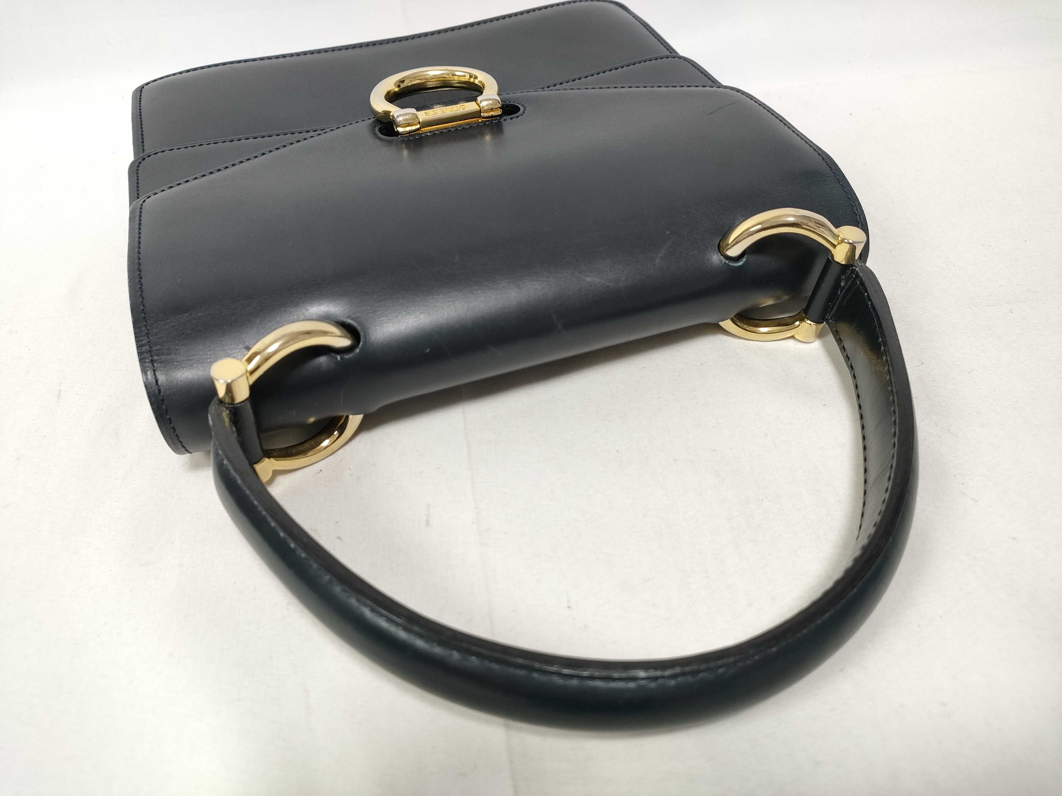 Gancini Double Flap Leather Handbag, Navy — view 8