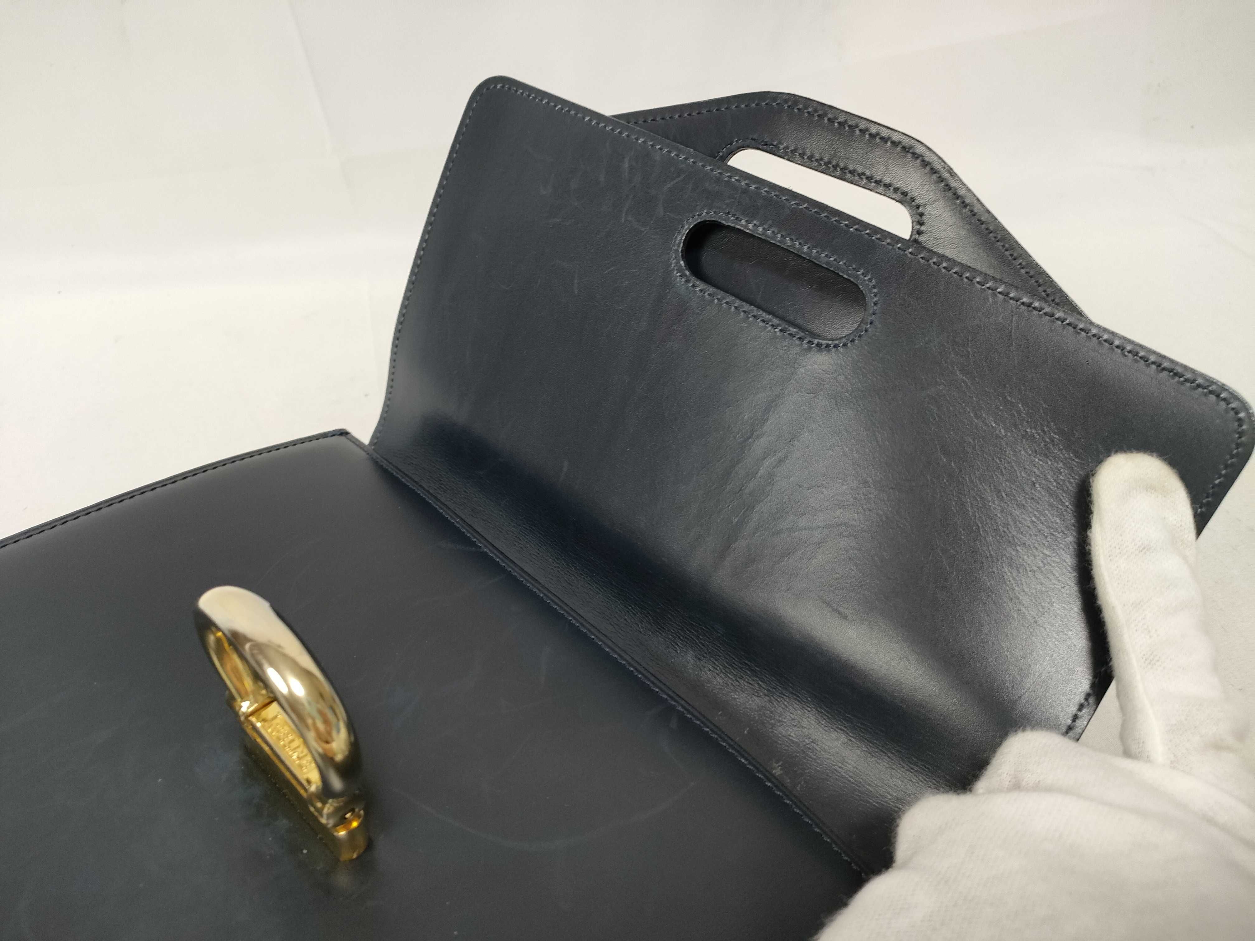 Gancini Double Flap Leather Handbag, Navy — view 10