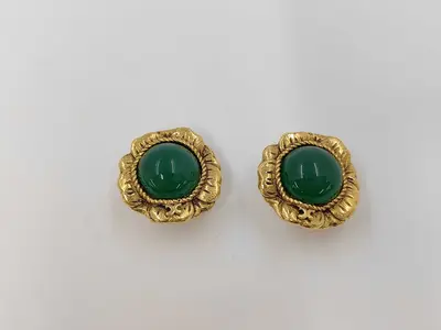 2156 Earrings, Flower, Round, Green Stone Earrings