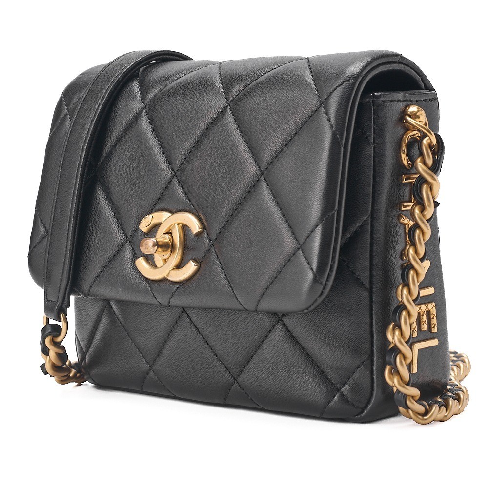 Lambskin Mini Matelassé Logo Chain Shoulder Bag, Black — view 3