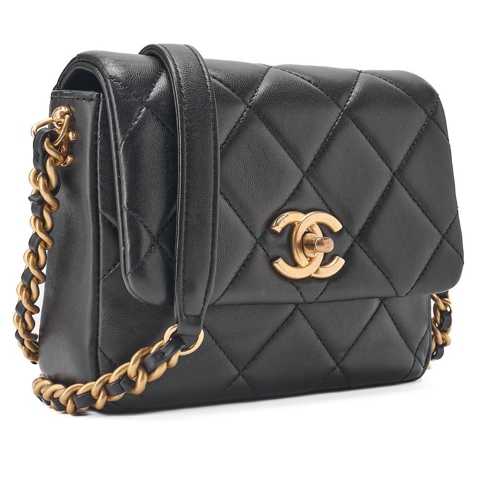 Lambskin Mini Matelassé Logo Chain Shoulder Bag, Black — view 4