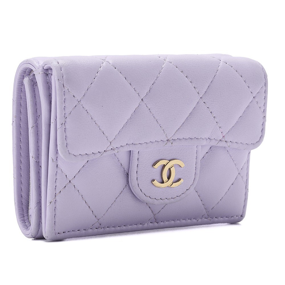 Lambskin Matelassé Compact Wallet, Purple, Gold Hardware, XPNK79U2 — view 3