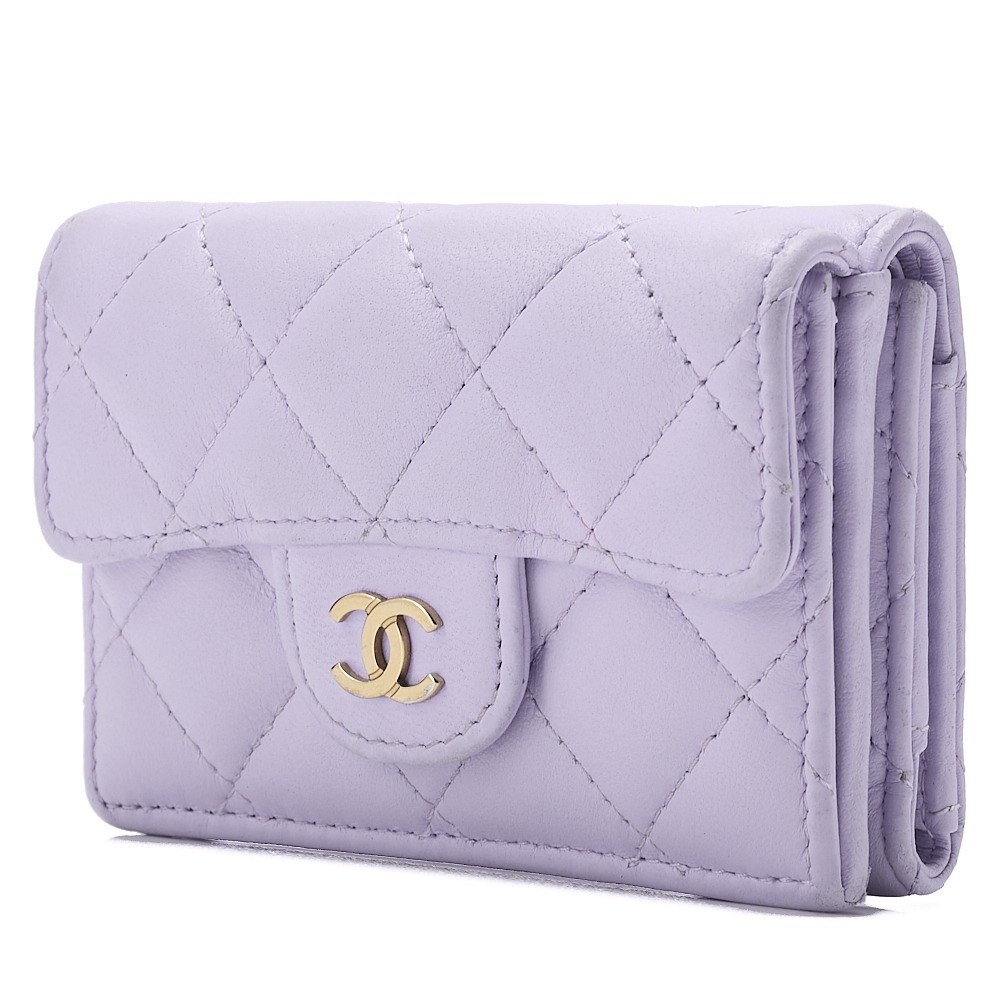 Lambskin Matelassé Compact Wallet, Purple, Gold Hardware, XPNK79U2 — view 4