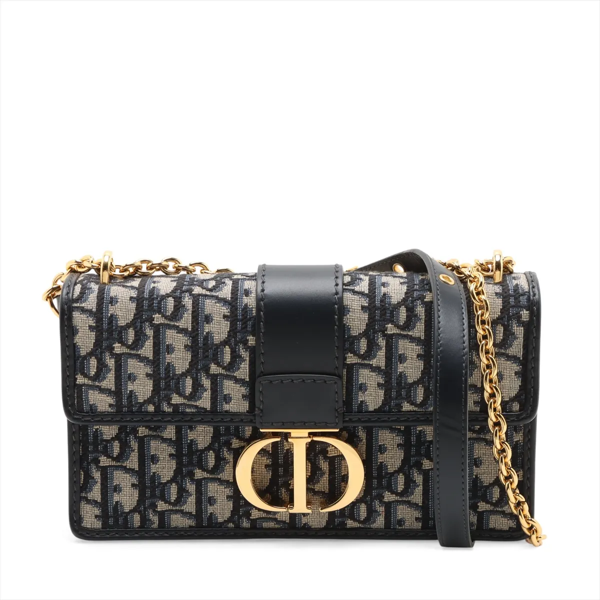 Oblique Montaigne Canvas x Leather Chain Shoulder Bag, Navy x Beige