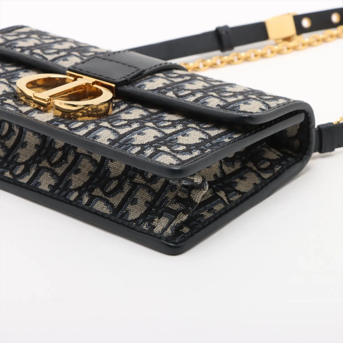 Oblique Montaigne Canvas x Leather Chain Shoulder Bag, Navy x Beige — view 3