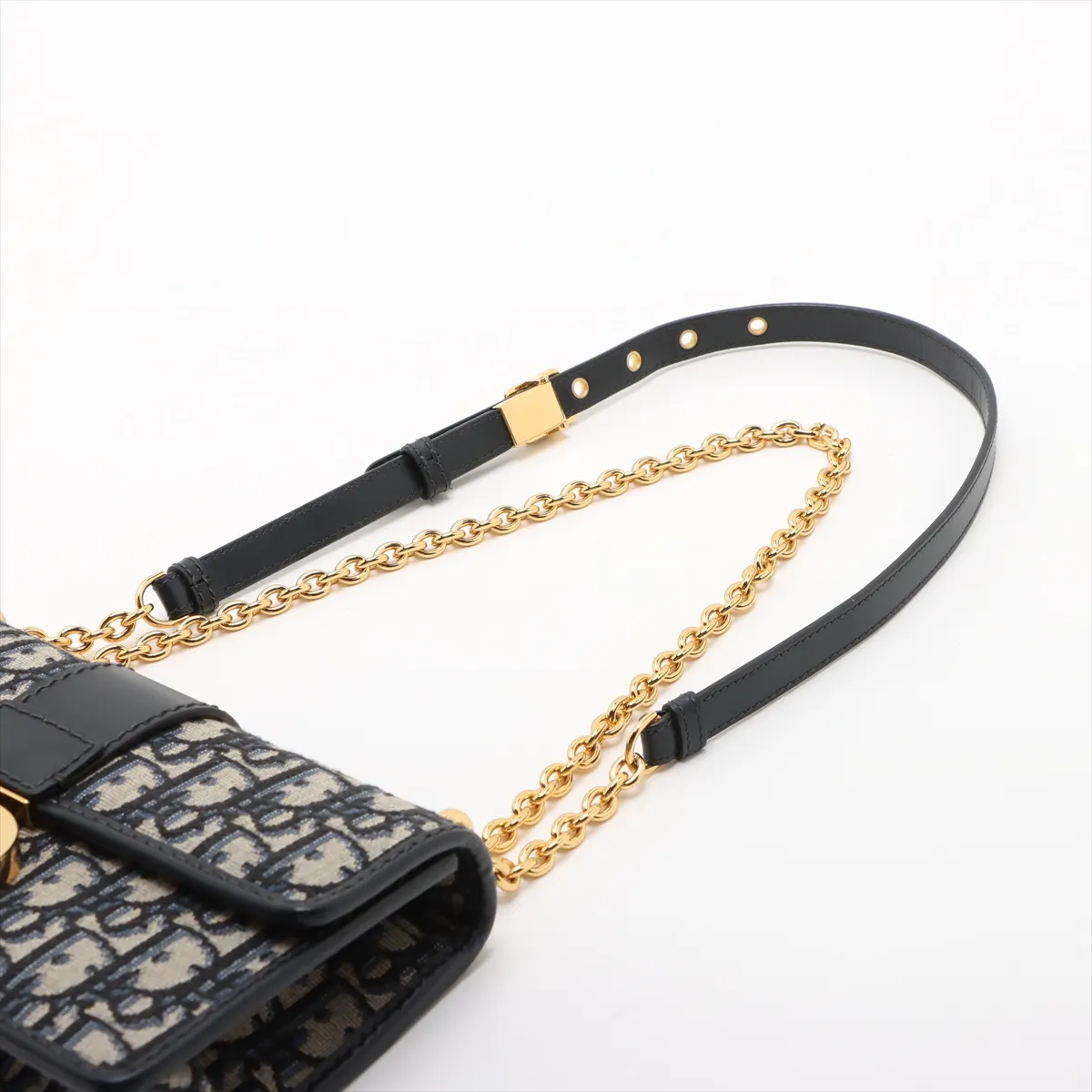 Oblique Montaigne Canvas x Leather Chain Shoulder Bag, Navy x Beige — view 5
