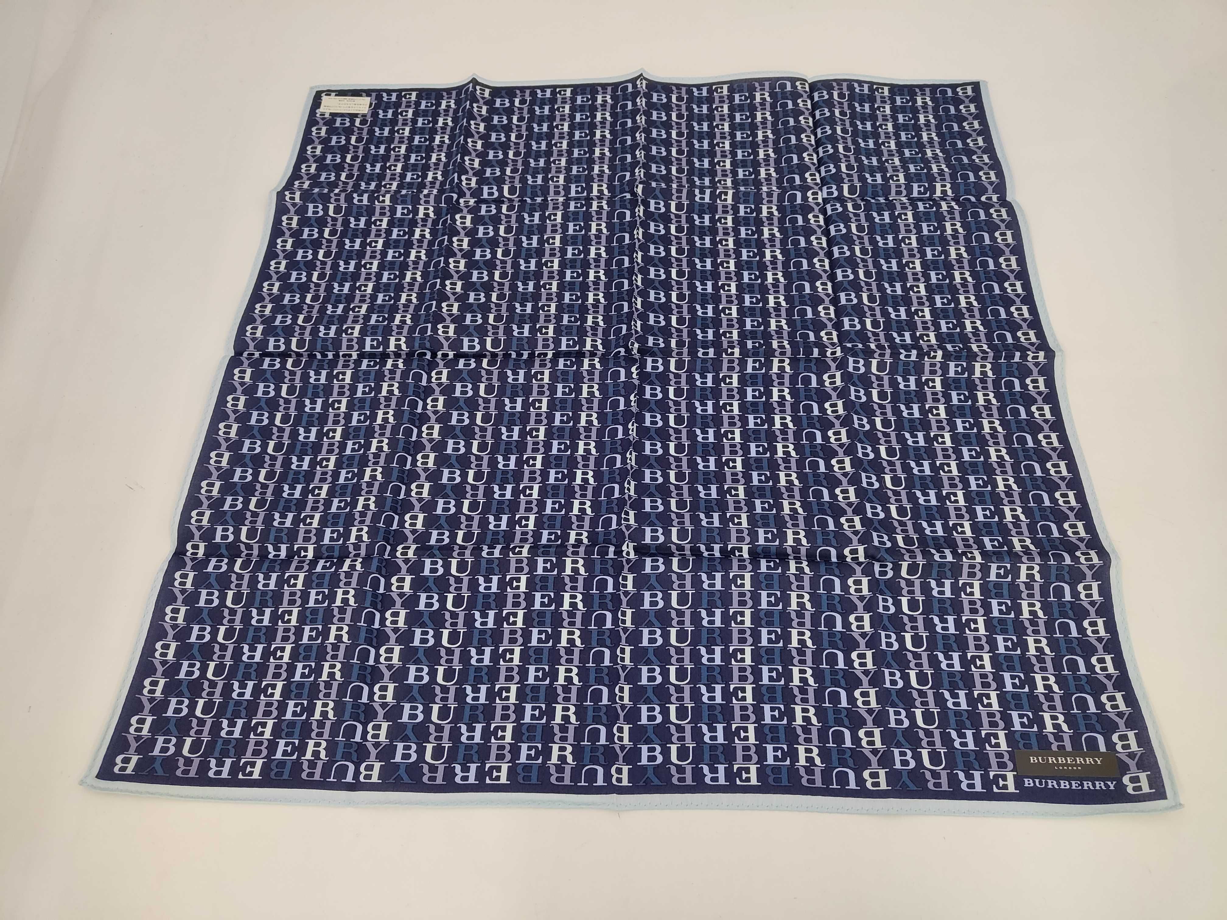 handkerchief/scarf with sticker, logo print, navy, other accessories.