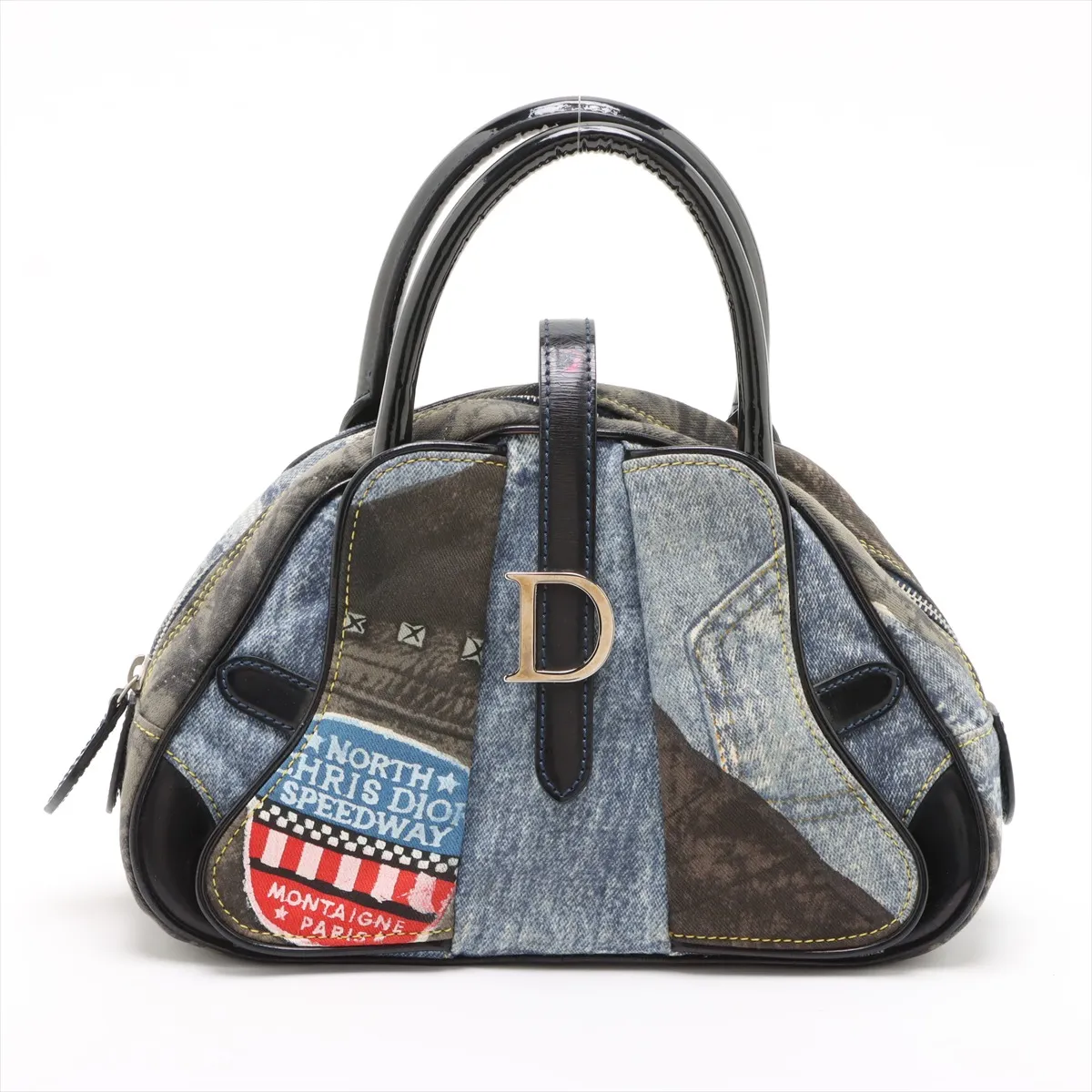 Double Saddle Denim x Patent Leather Handbag Blue