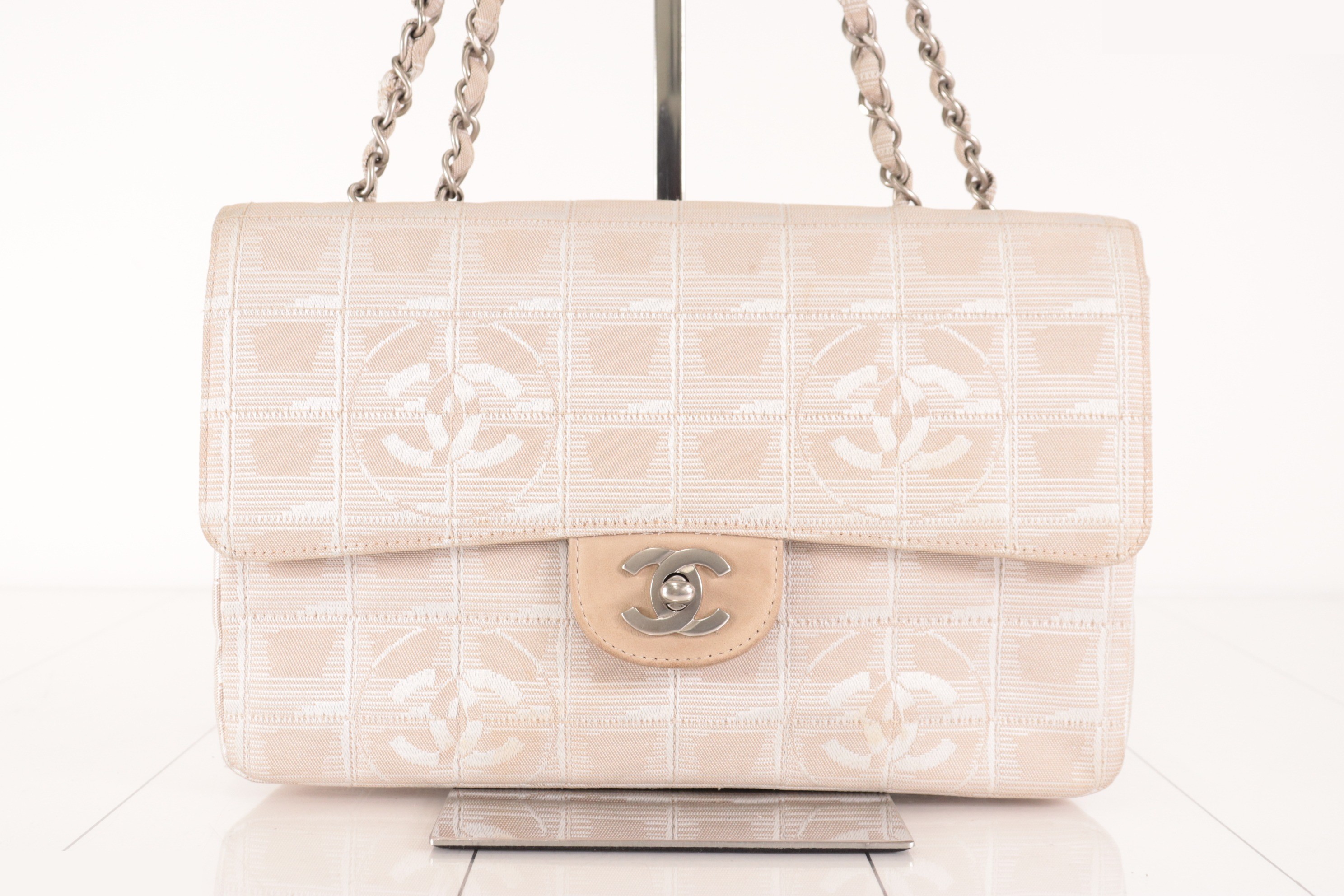New Travel Chain Shoulder Bag, Silver Hardware, Beige, Series 6 — view 2