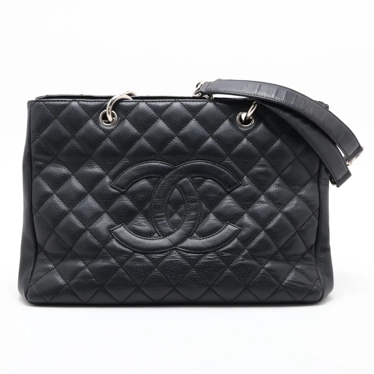 GST Caviar Skin Chain Tote Bag, Black with Silver Hardware, 12825624, Series 12