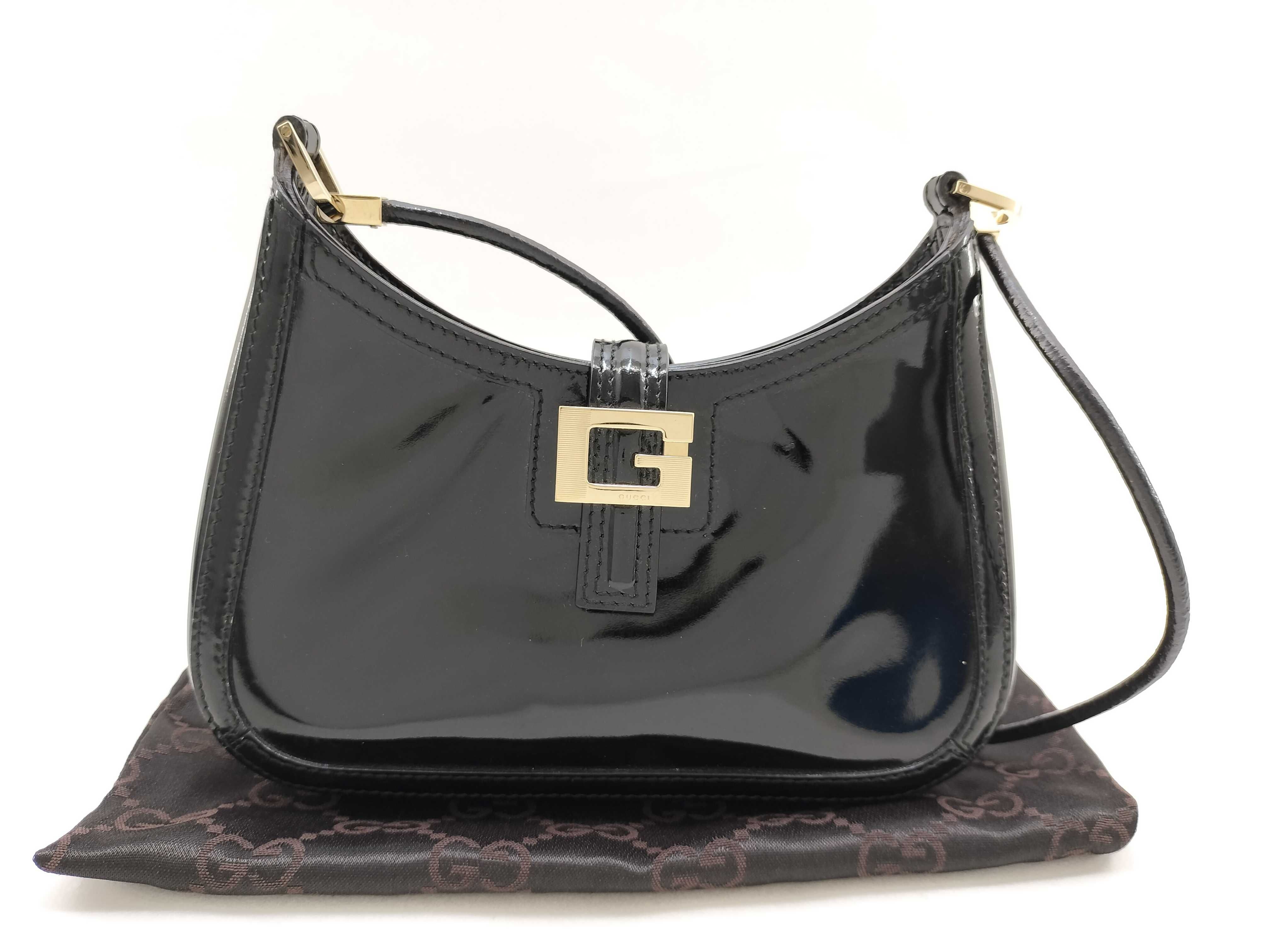 handbag, G logo, patent leather, black shoulder bag