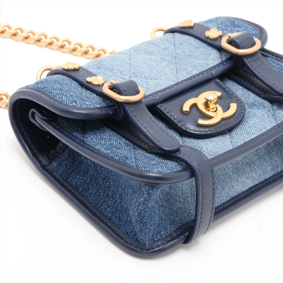 [Individually packaged] Chanel Mini Matelassé Denim Chain Shoulder Bag, Blue x Navy, Gold Hardware, H35GNH44, Random Plate — view 4