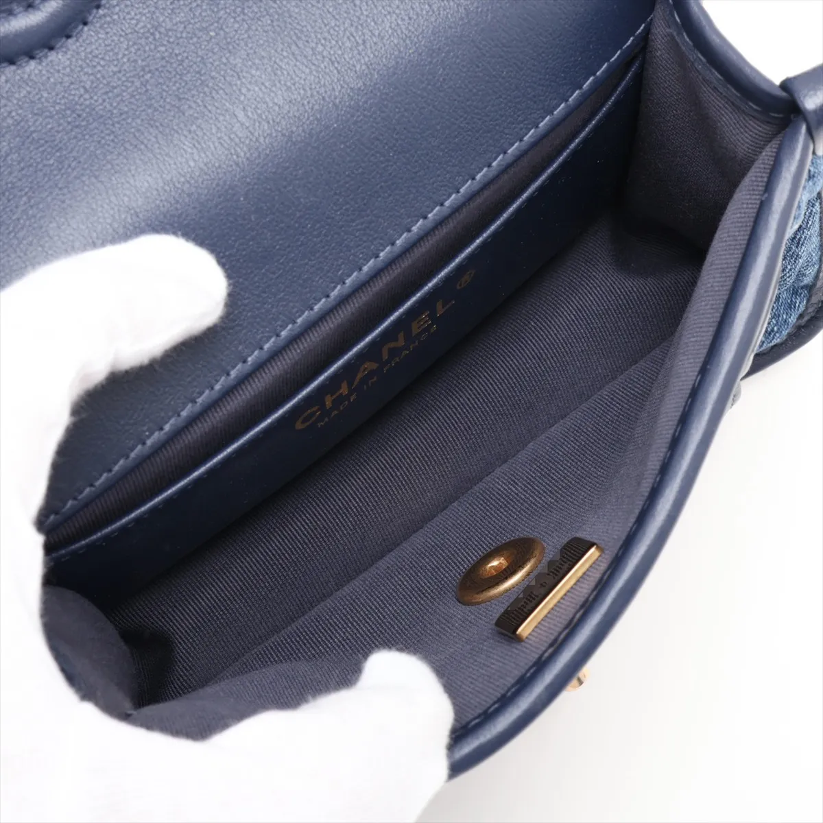[Individually packaged] Chanel Mini Matelassé Denim Chain Shoulder Bag, Blue x Navy, Gold Hardware, H35GNH44, Random Plate — view 6