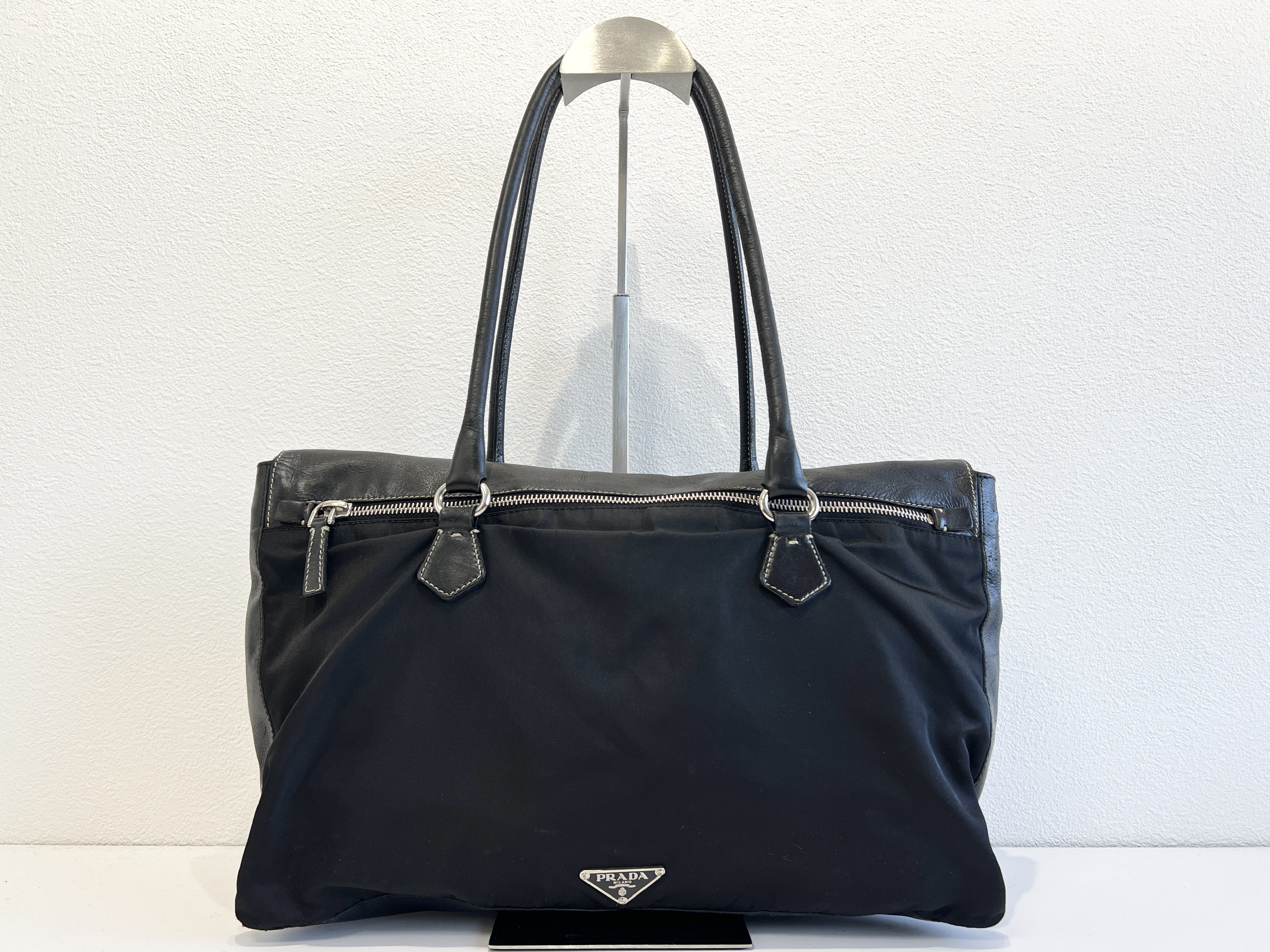 Triangle Logo Clochette Nylon Leather Handbag Mini Boston Bag Shoulder Bag — view 2