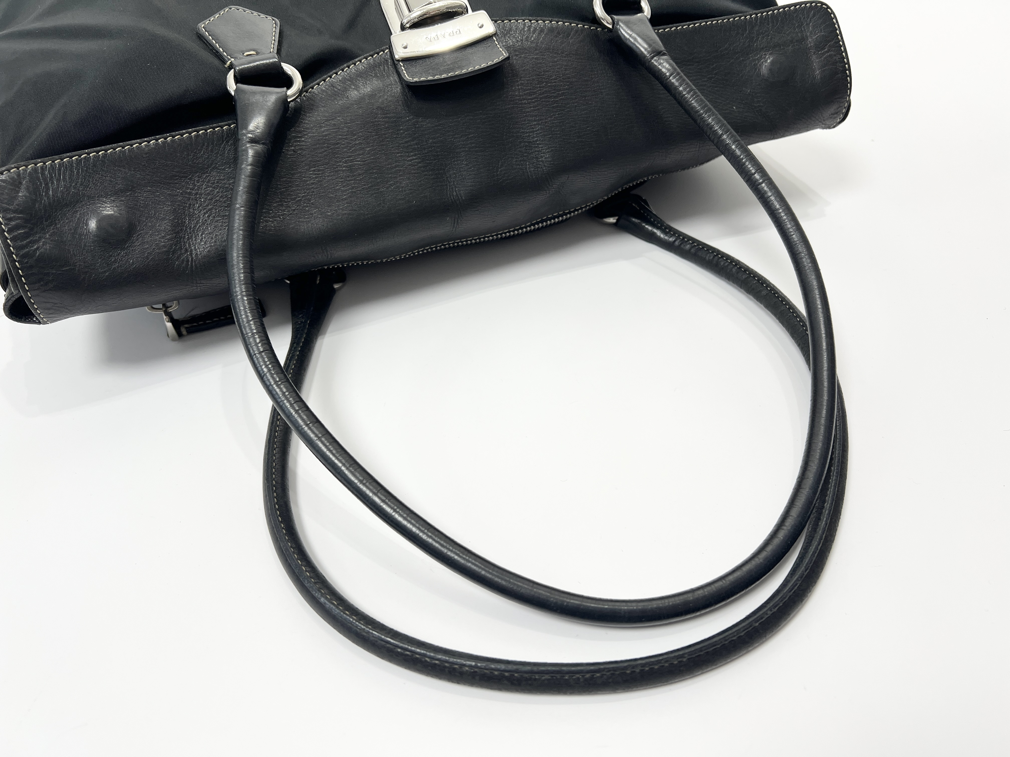 Triangle Logo Clochette Nylon Leather Handbag Mini Boston Bag Shoulder Bag — view 3
