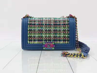 Boy Chanel Chain Shoulder Bag, Tweed, Blue