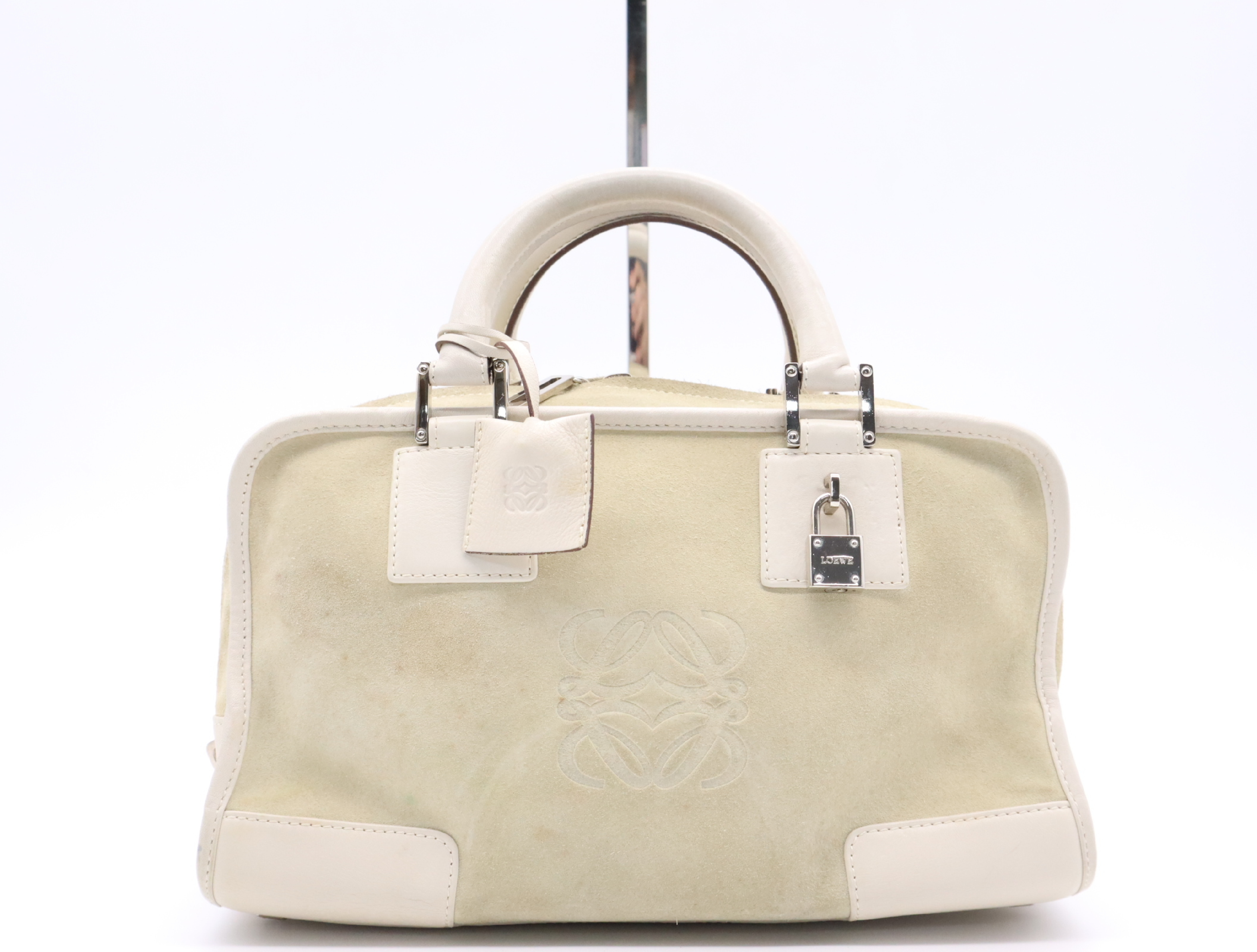 Amazona 28 Suede x Leather Handbag in Beige/Ivory with Silver Hardware, Padlock, and Clochette.