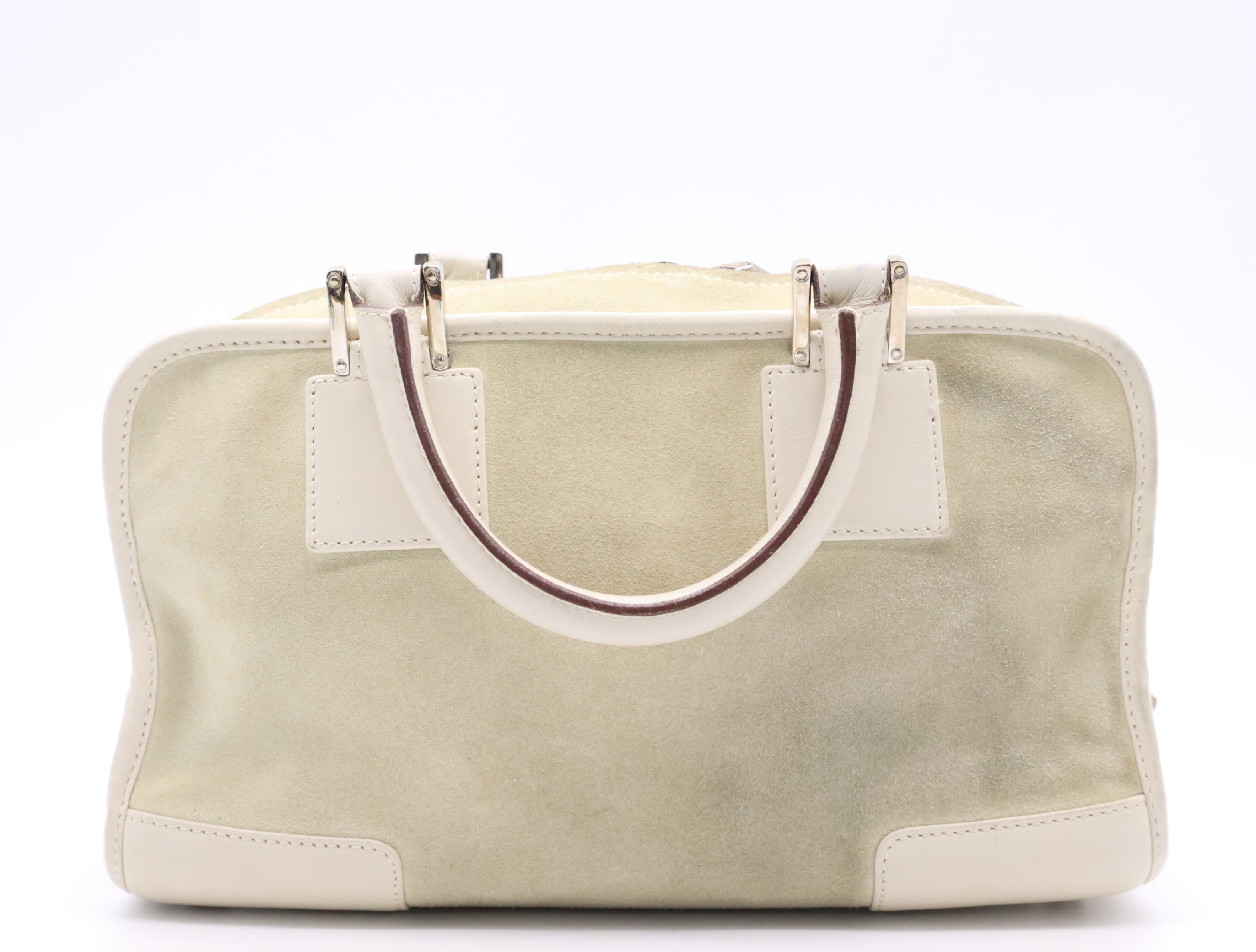 Amazona 28 Suede x Leather Handbag in Beige/Ivory with Silver Hardware, Padlock, and Clochette. — view 2