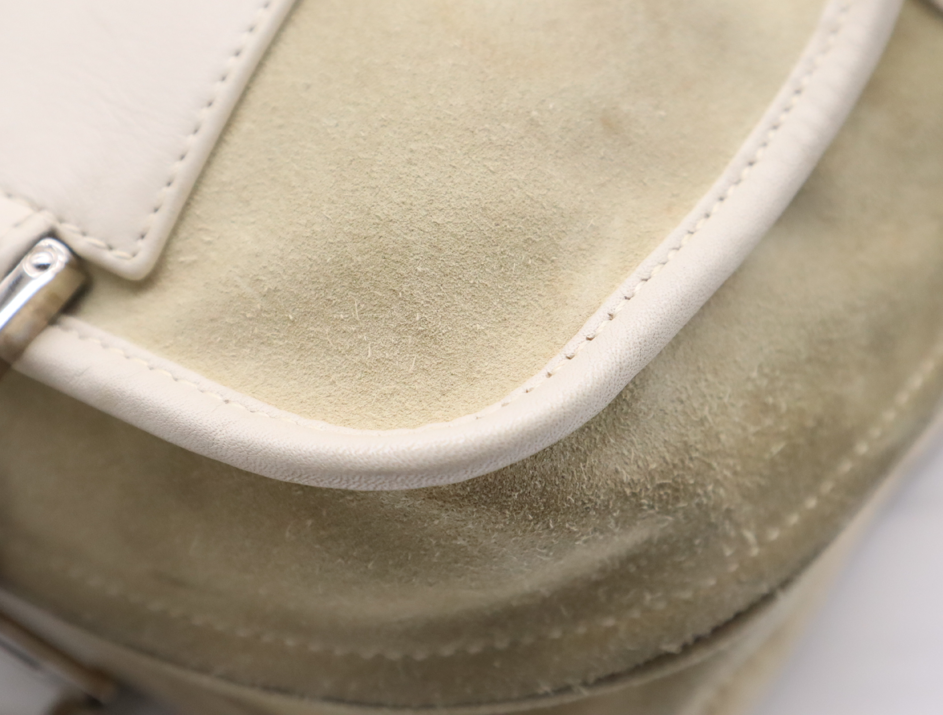Amazona 28 Suede x Leather Handbag in Beige/Ivory with Silver Hardware, Padlock, and Clochette. — view 11