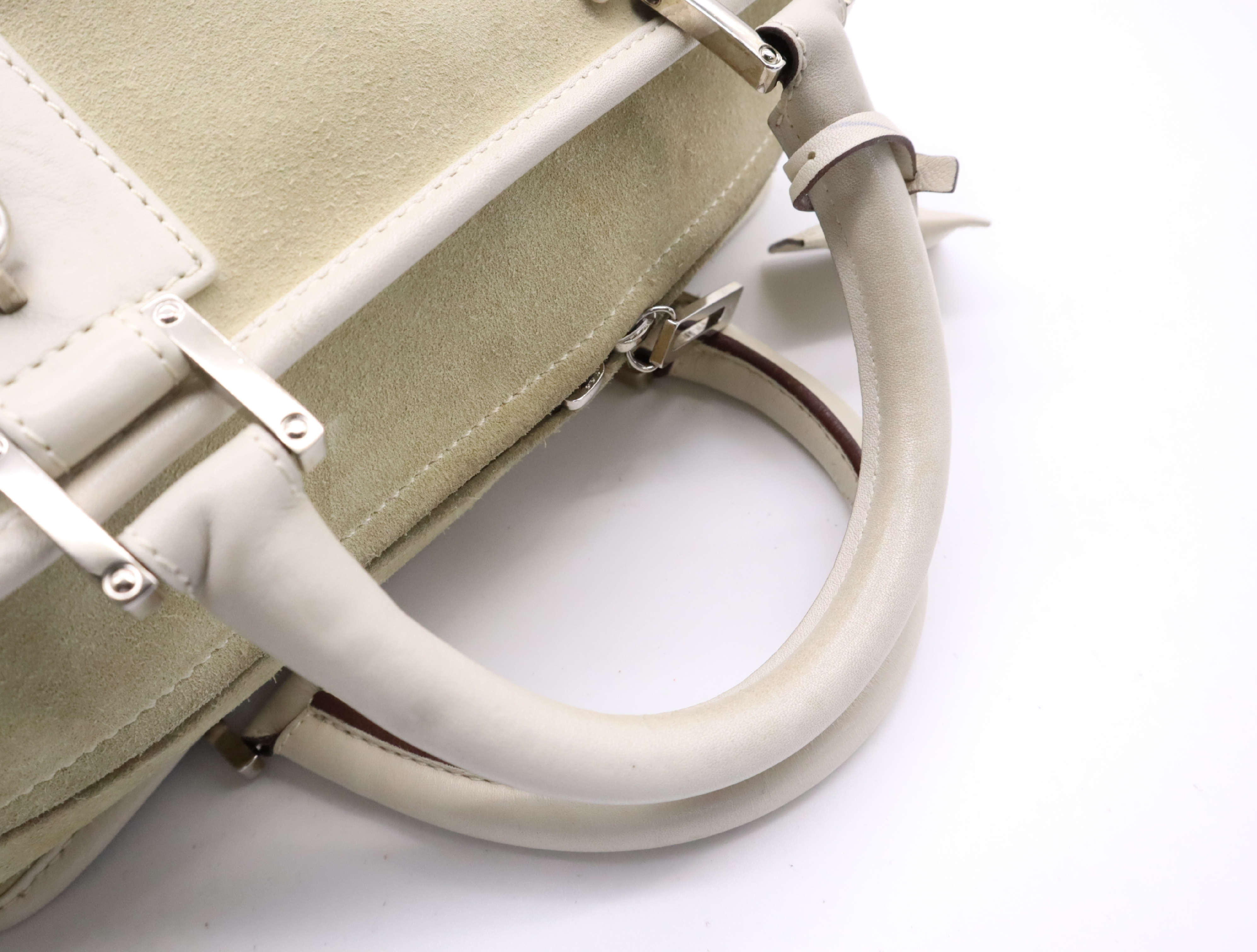 Amazona 28 Suede x Leather Handbag in Beige/Ivory with Silver Hardware, Padlock, and Clochette. — view 12