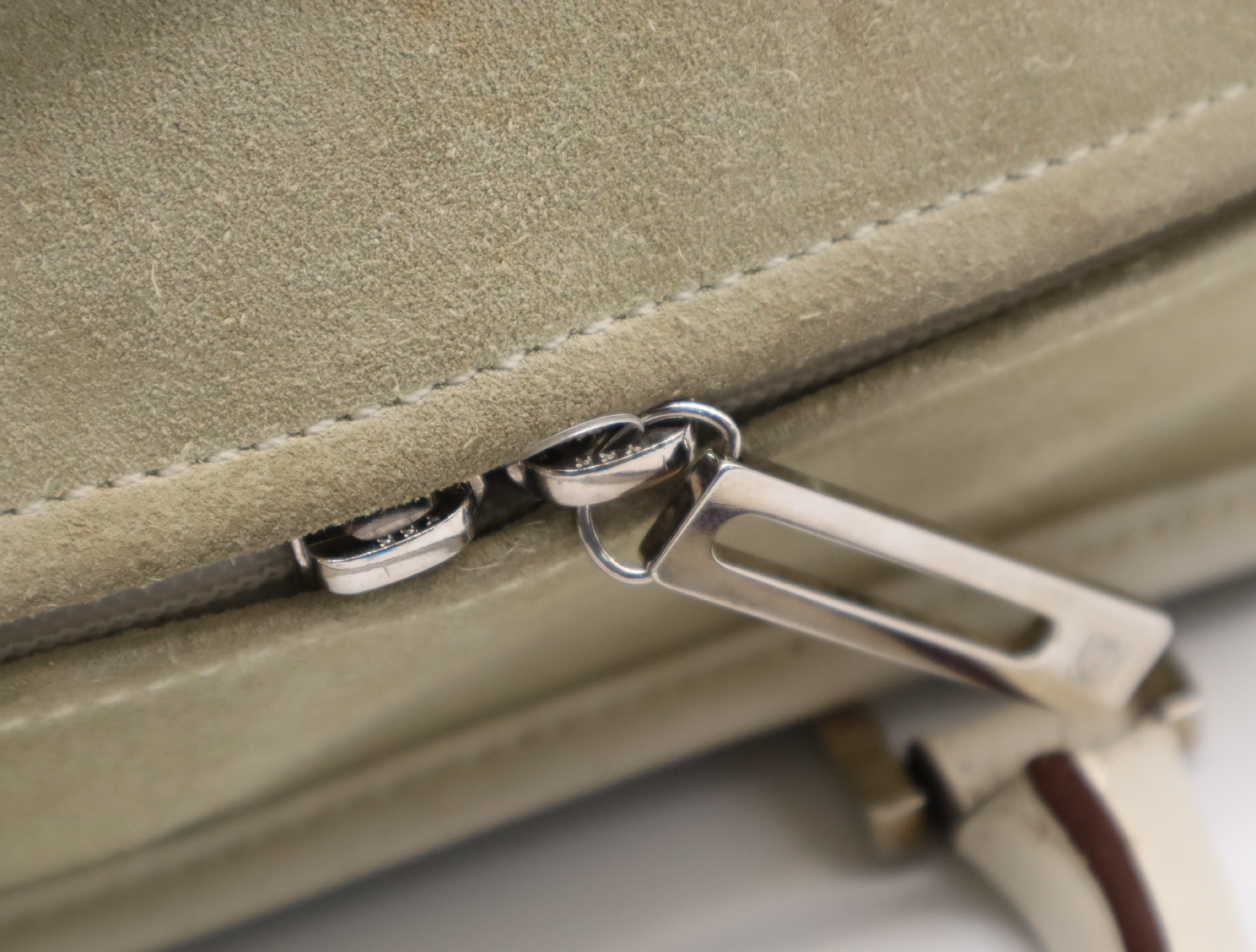 Amazona 28 Suede x Leather Handbag in Beige/Ivory with Silver Hardware, Padlock, and Clochette. — view 14