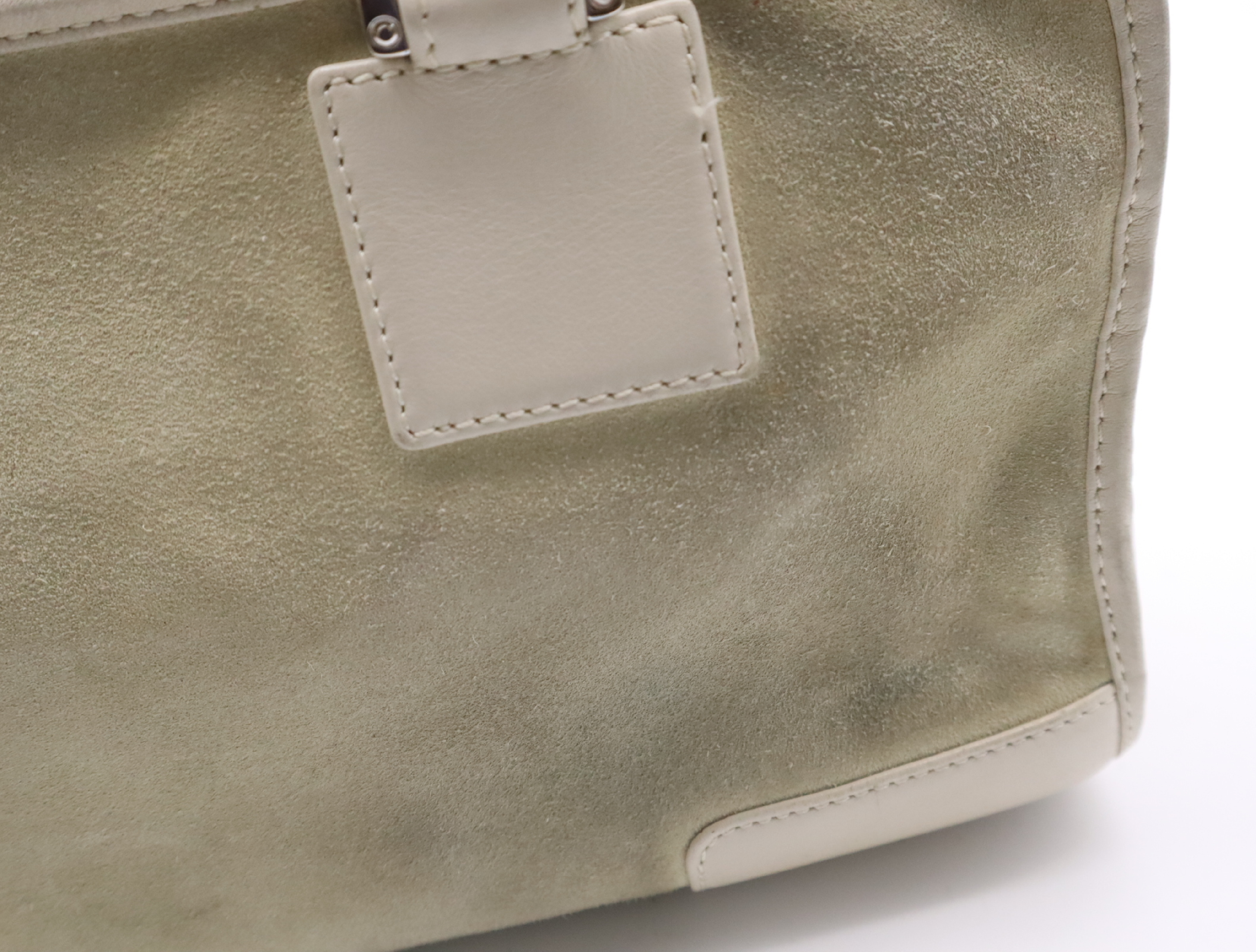 Amazona 28 Suede x Leather Handbag in Beige/Ivory with Silver Hardware, Padlock, and Clochette. — view 15