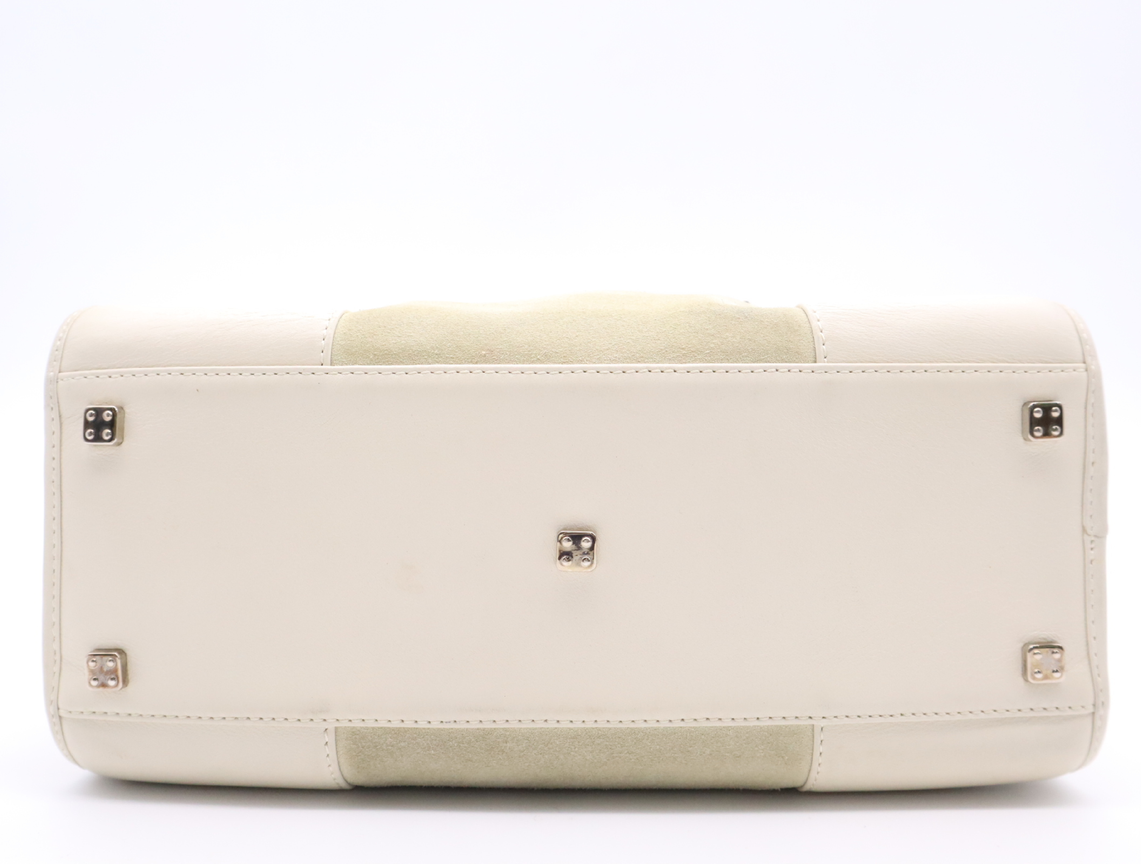 Amazona 28 Suede x Leather Handbag in Beige/Ivory with Silver Hardware, Padlock, and Clochette. — view 4