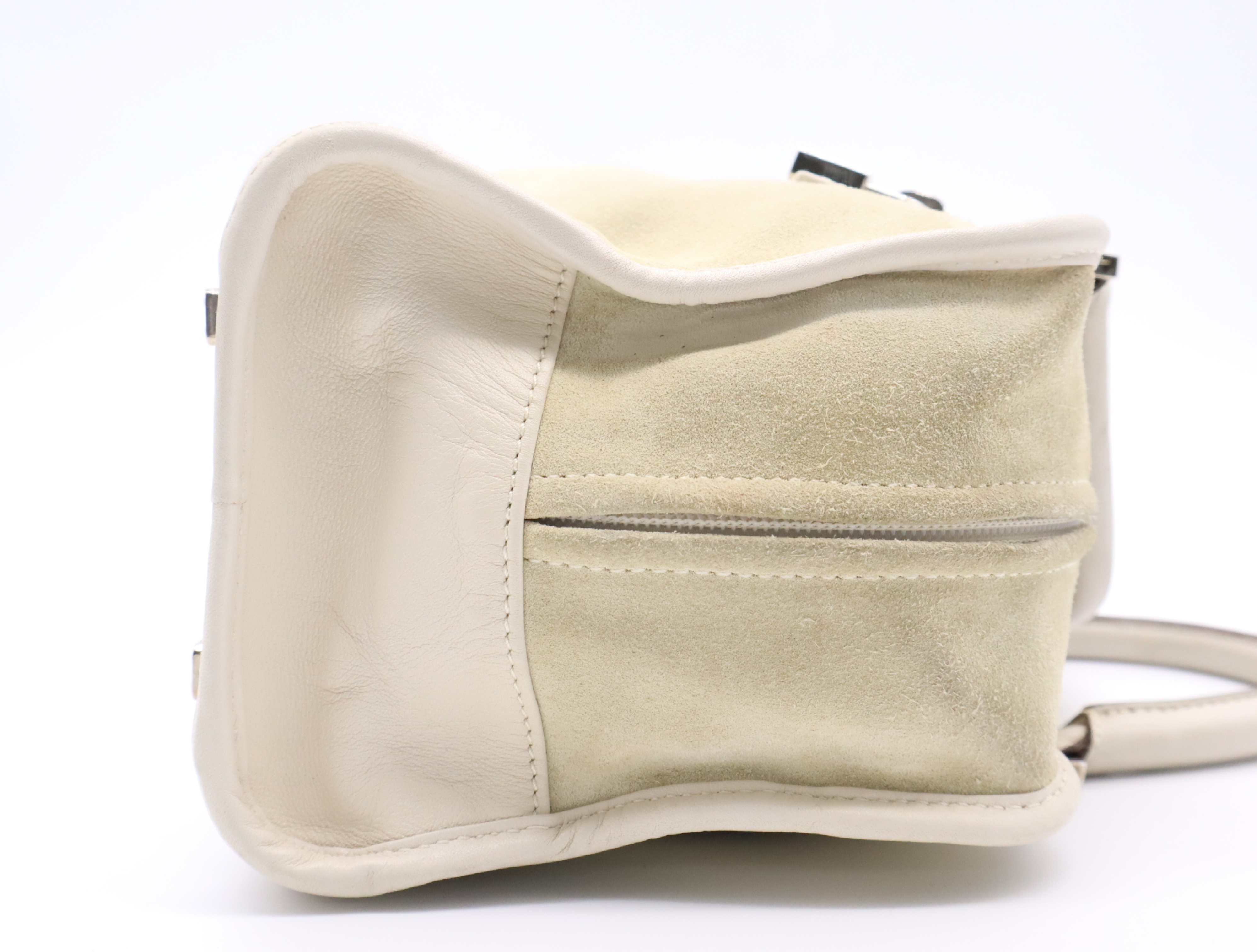 Amazona 28 Suede x Leather Handbag in Beige/Ivory with Silver Hardware, Padlock, and Clochette. — view 5