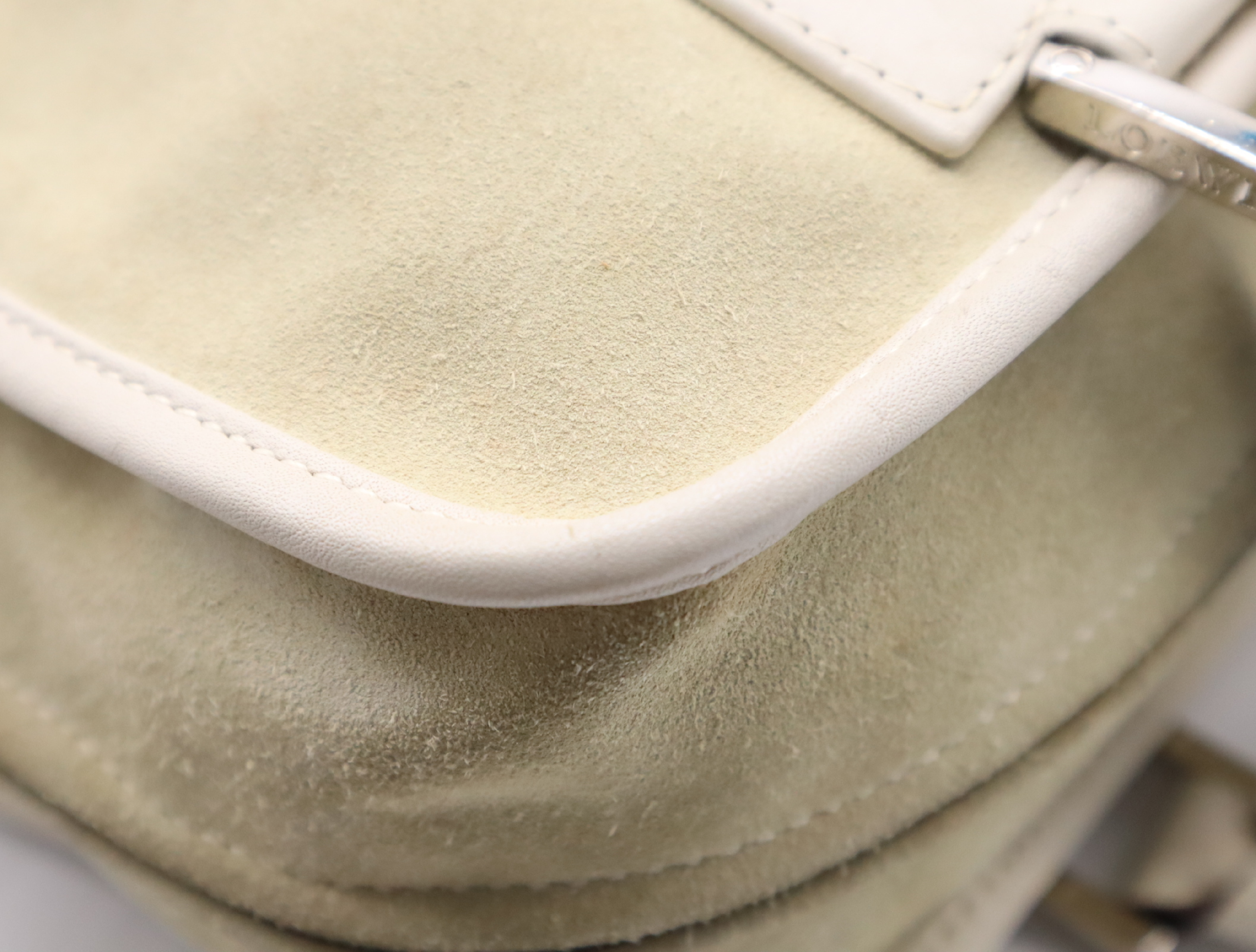Amazona 28 Suede x Leather Handbag in Beige/Ivory with Silver Hardware, Padlock, and Clochette. — view 8
