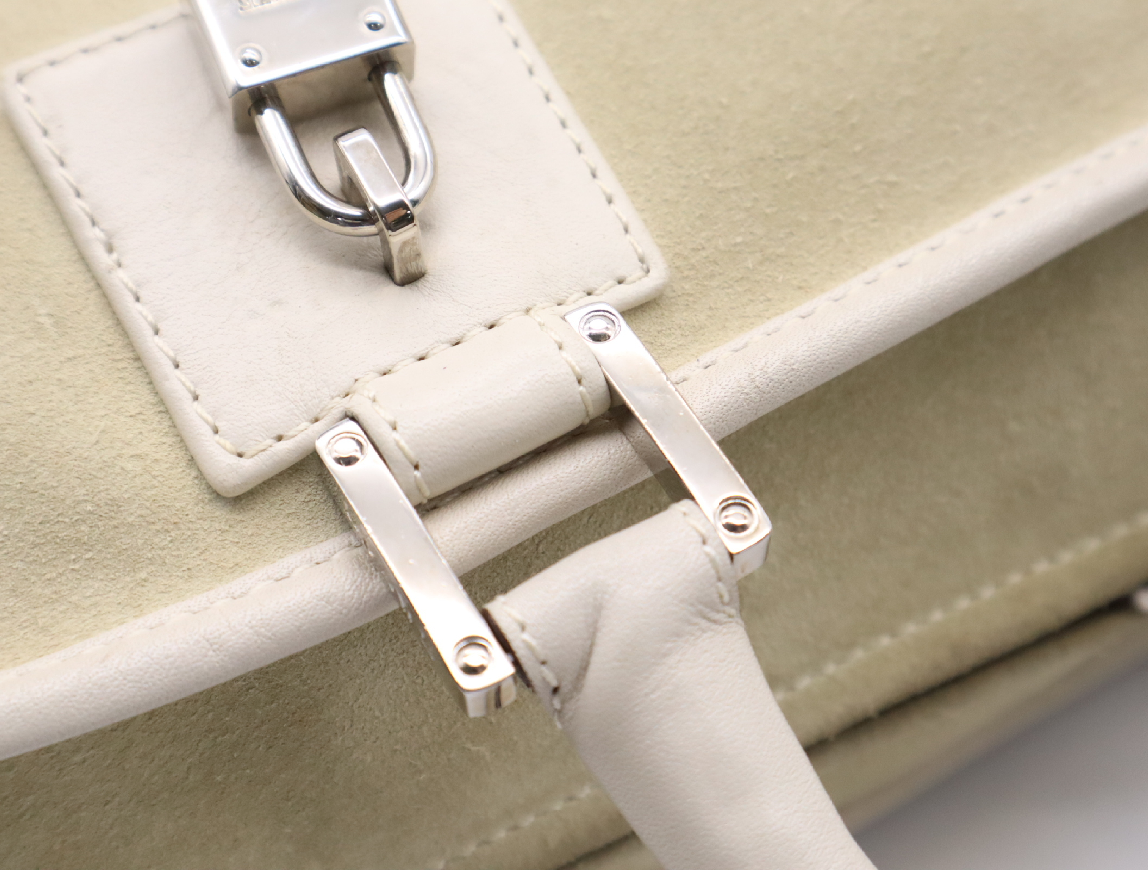 Amazona 28 Suede x Leather Handbag in Beige/Ivory with Silver Hardware, Padlock, and Clochette. — view 9