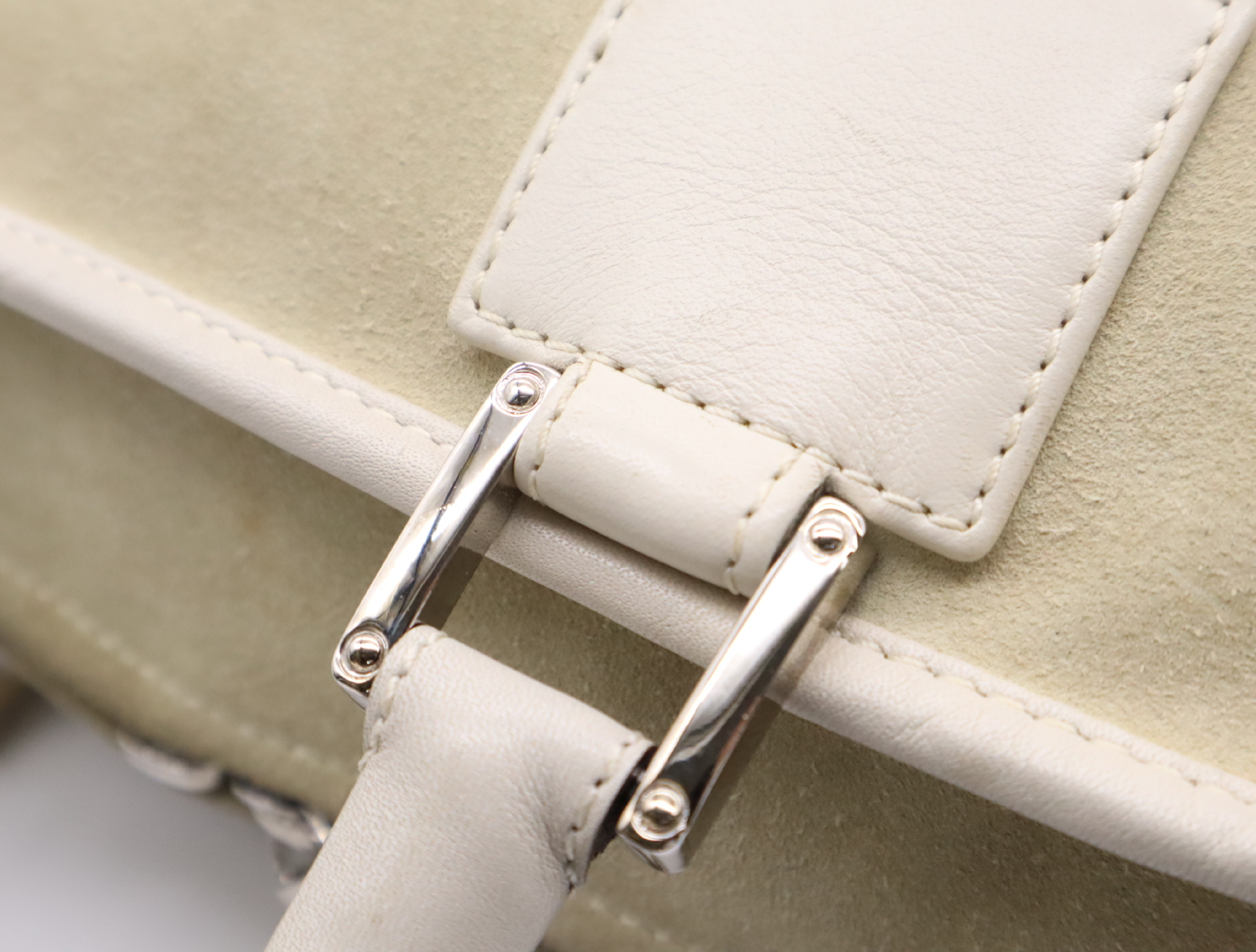 Amazona 28 Suede x Leather Handbag in Beige/Ivory with Silver Hardware, Padlock, and Clochette. — view 10