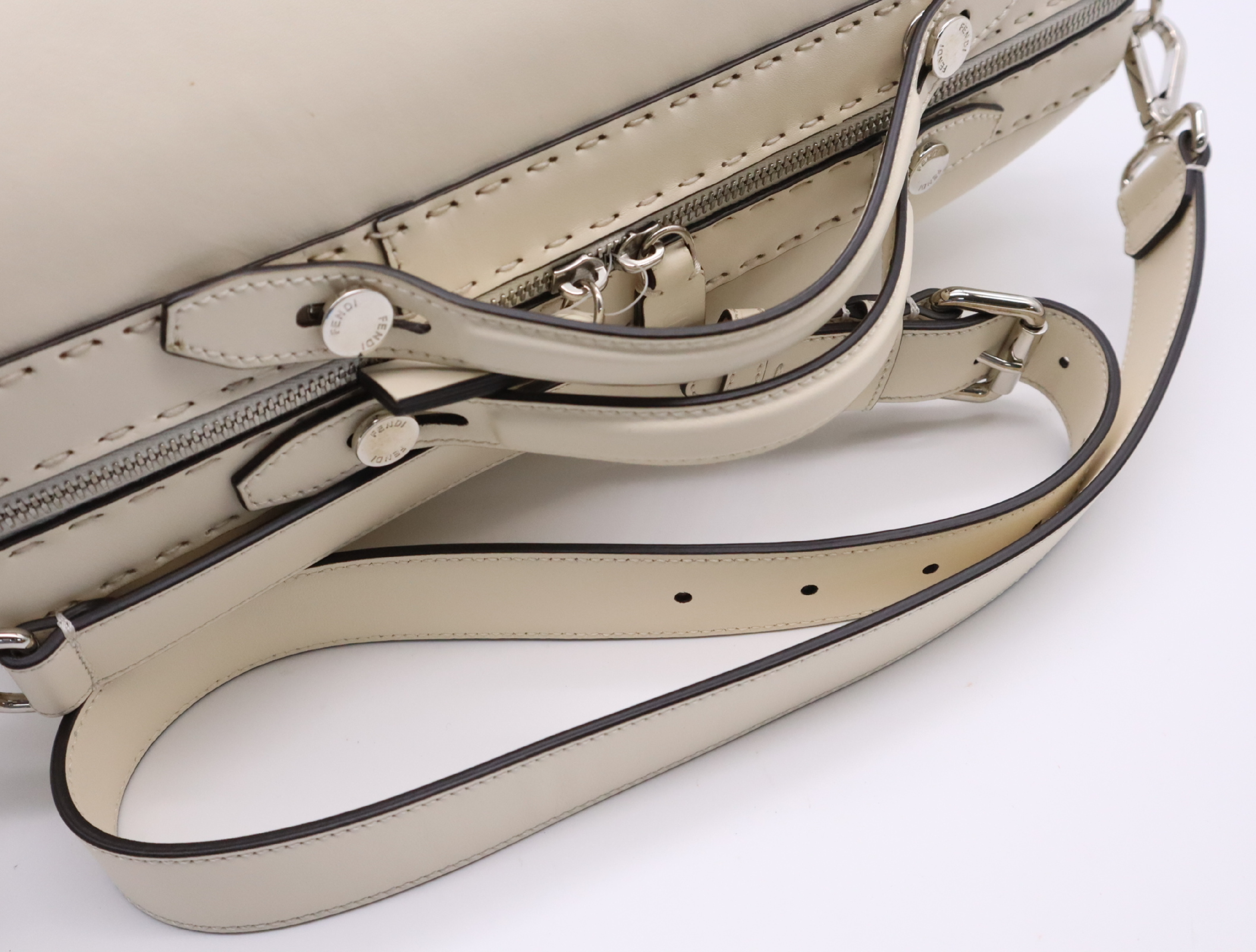 Leather Suitcase, Ivory, Silver Hardware, with Shoulder Strap and Dust Bag. — view 12