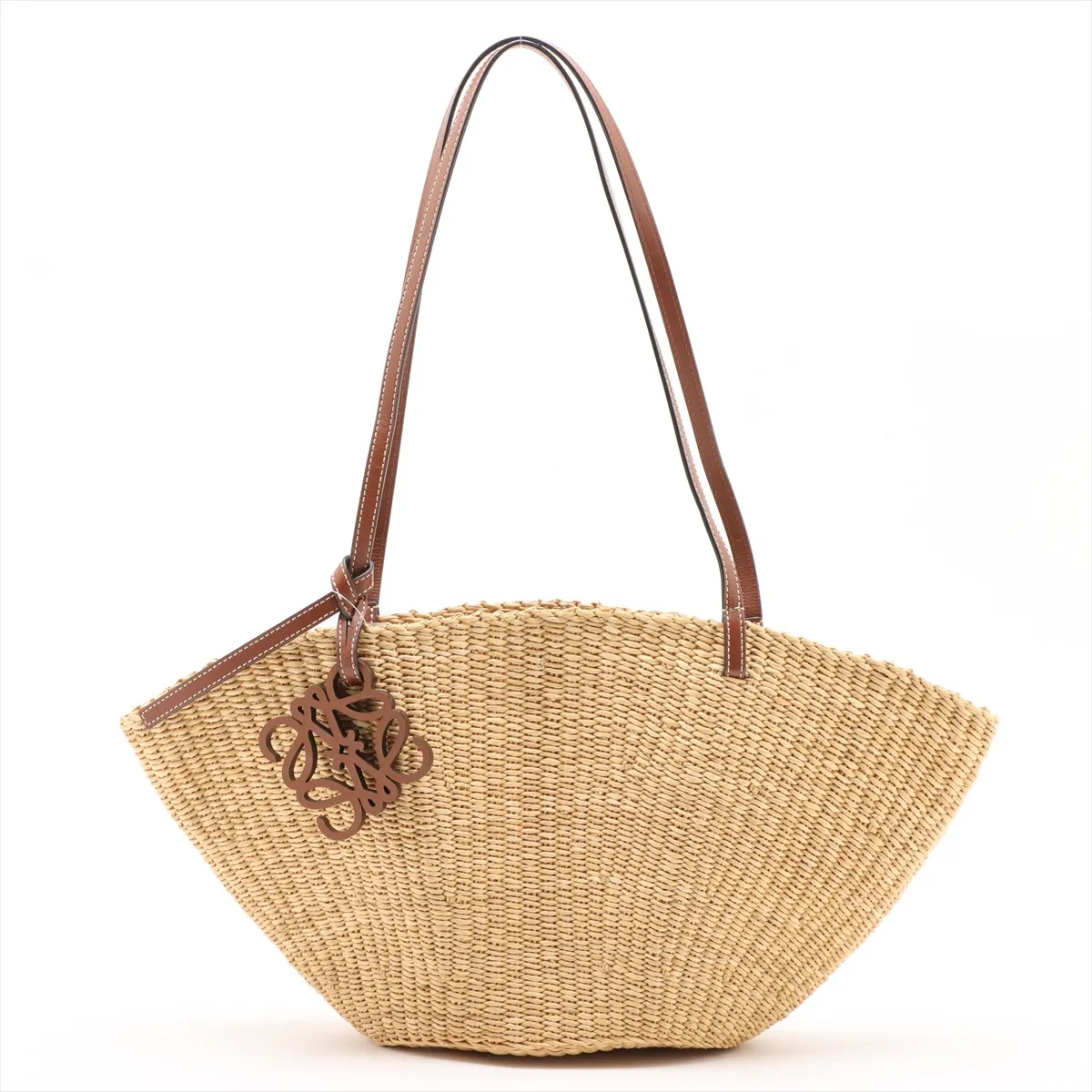 Shell Basket Medium Straw x Leather Tote Bag Beige x Brown C Mark