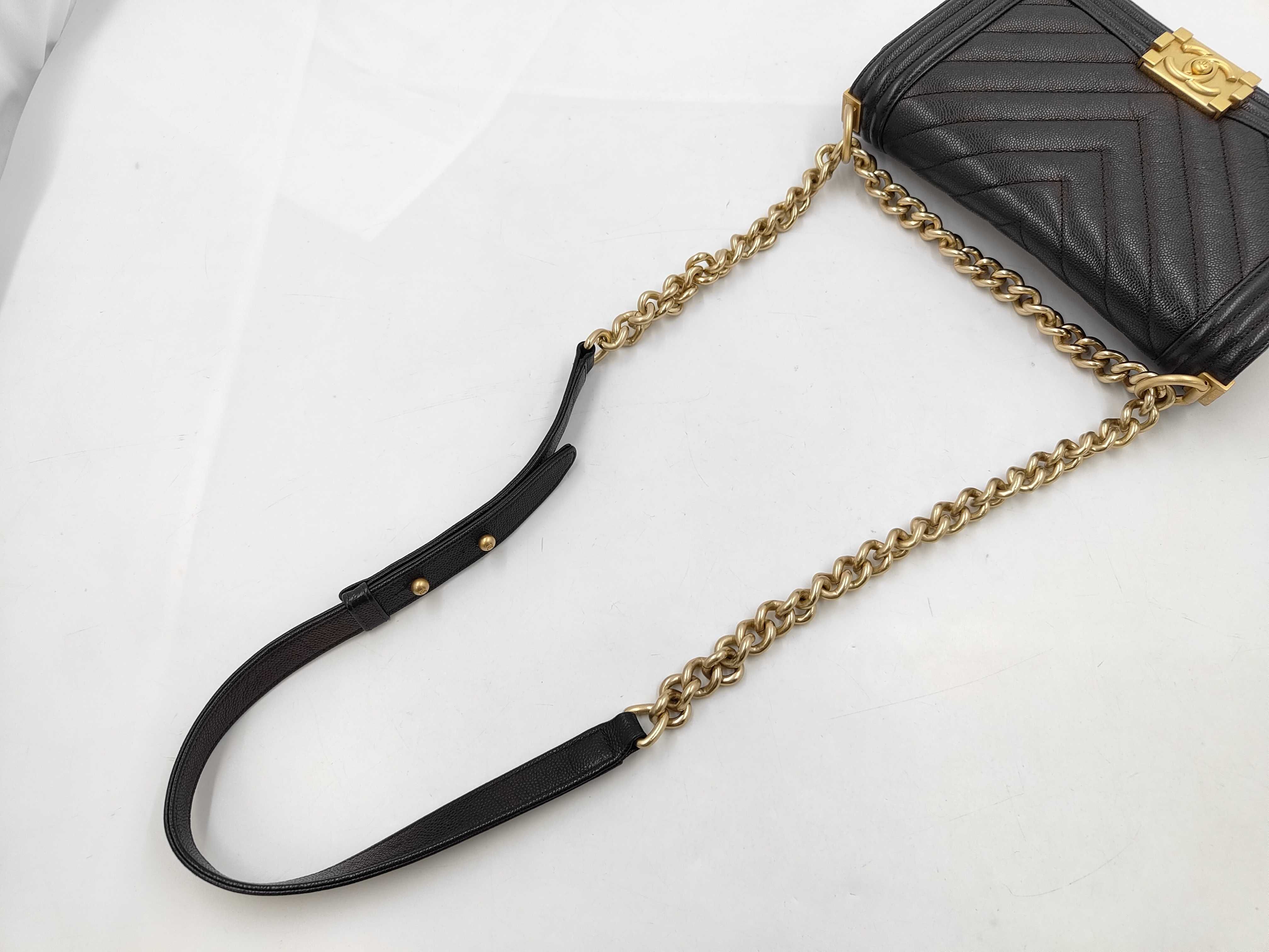 Boy Chanel 25 Caviar Skin V-Stitch Chevron Gold Hardware Chain Shoulder Bag, Serial Number 24, Black — view 5